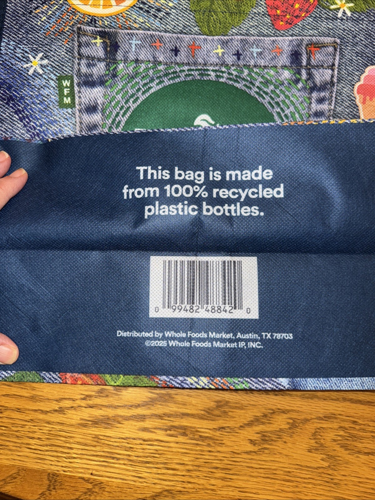 NWT Whole Foods reusable Bag Hippie Denim Embroidery Boho Large Machine Wash