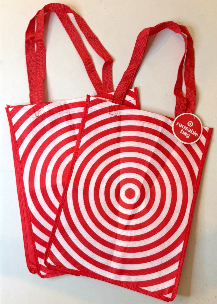 LOT OF 2 COUNT Reusable BULLSEYE RED Target Shopping Tote Bag 16in x 12in 7.5in!