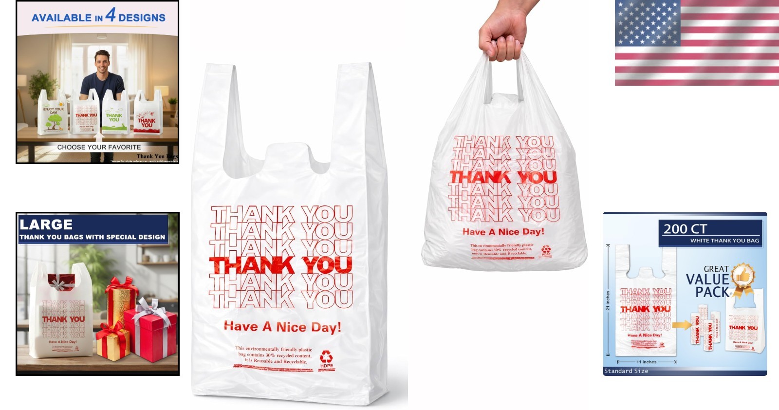 Heavy-Duty White Thank You Bags – 200 Count Reusable & Disposable Shopping