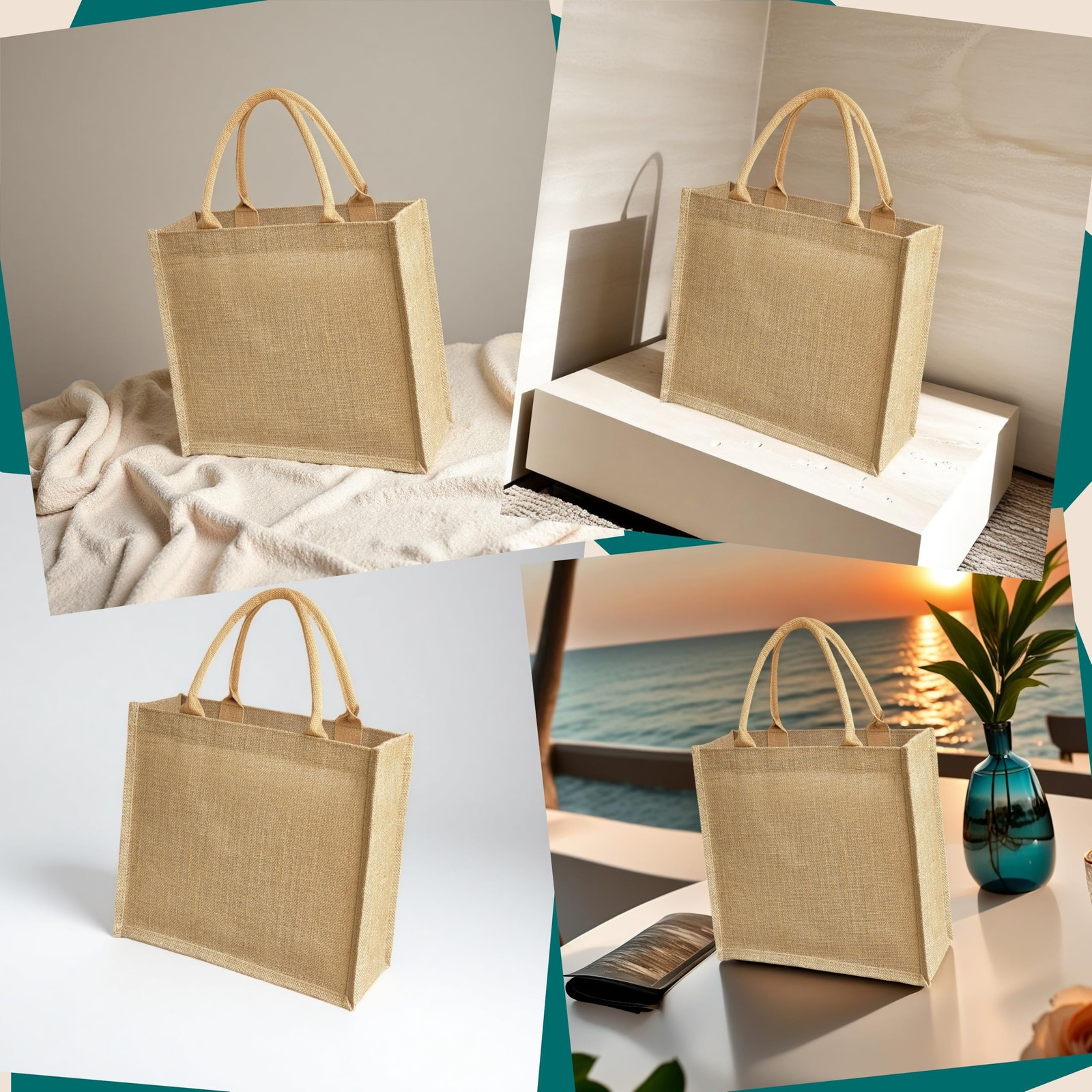 GOQAGA 15 Pack Burlap Tote Bags 12x12x6 Inch Natural Jute Handbags with Water…