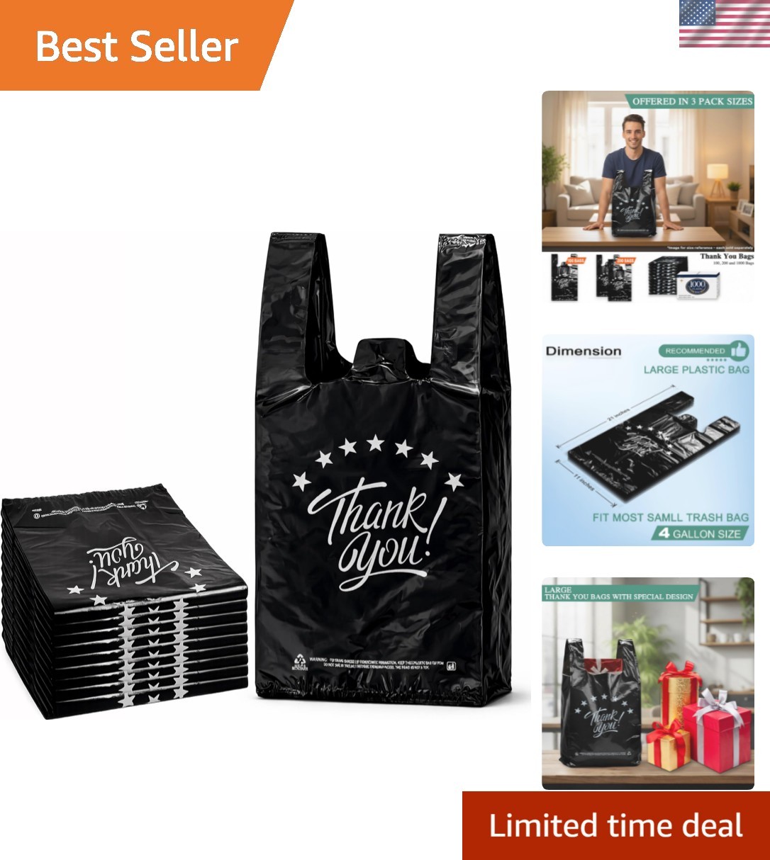 100 Count Black ‘Thank You’ T-Shirt Grocery Bags – Large 11”x6”x21”