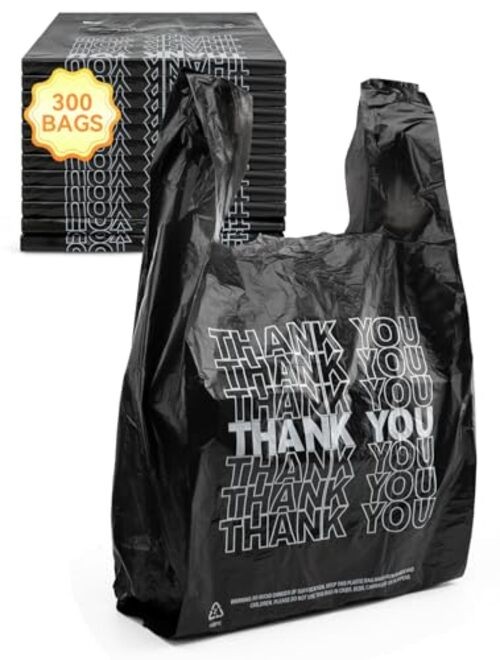 300 Count Thank You Plastic Bags, 12″ x 6″ x 22″, 15 Mic Black T Shirt