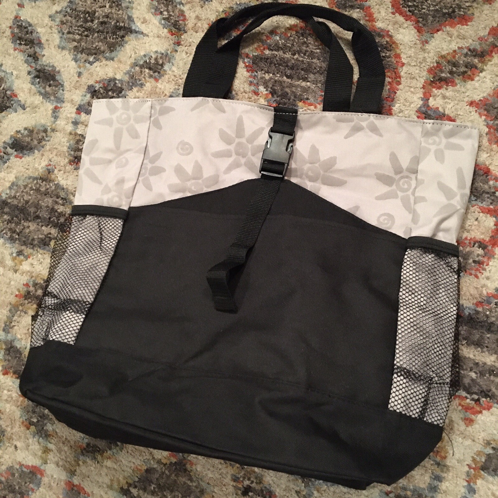 Large Tote Bag, Nylon Reusable Storage, Converts to Backpack, Floral Print Black