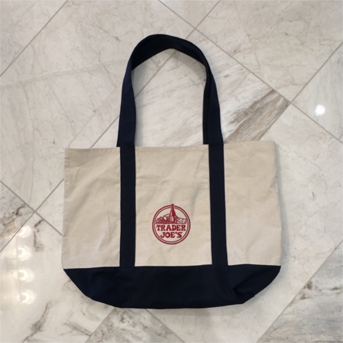 Trader Joe’s Foldable Canvas Reusable Shopping Bag Beige Navy Blue