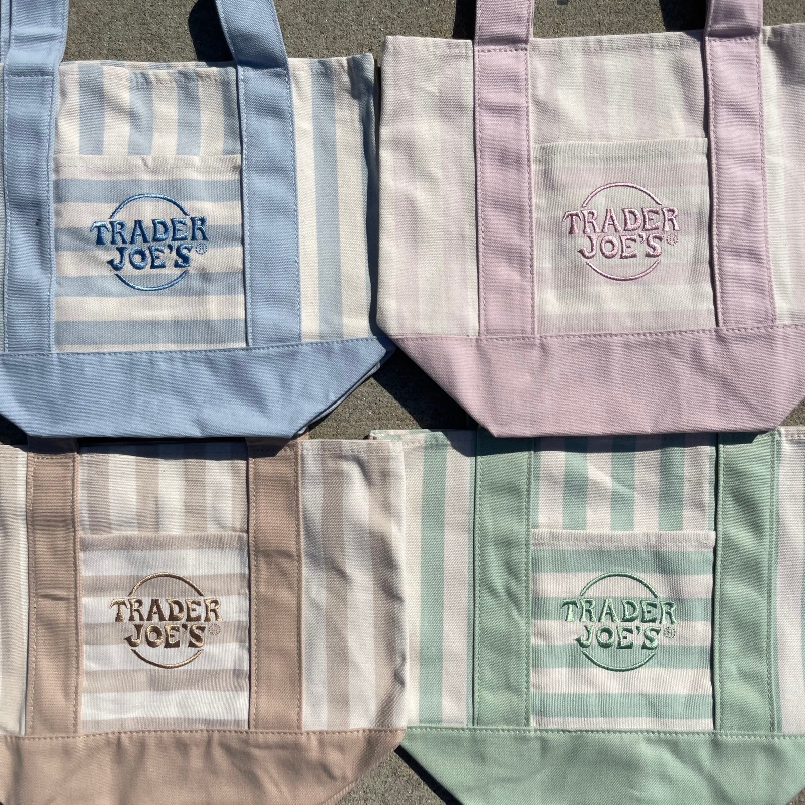 Set of 4! Trader Joe’s Canvas MINI Tote Bags PASTEL STRIPE Blue Green Pink Khaki