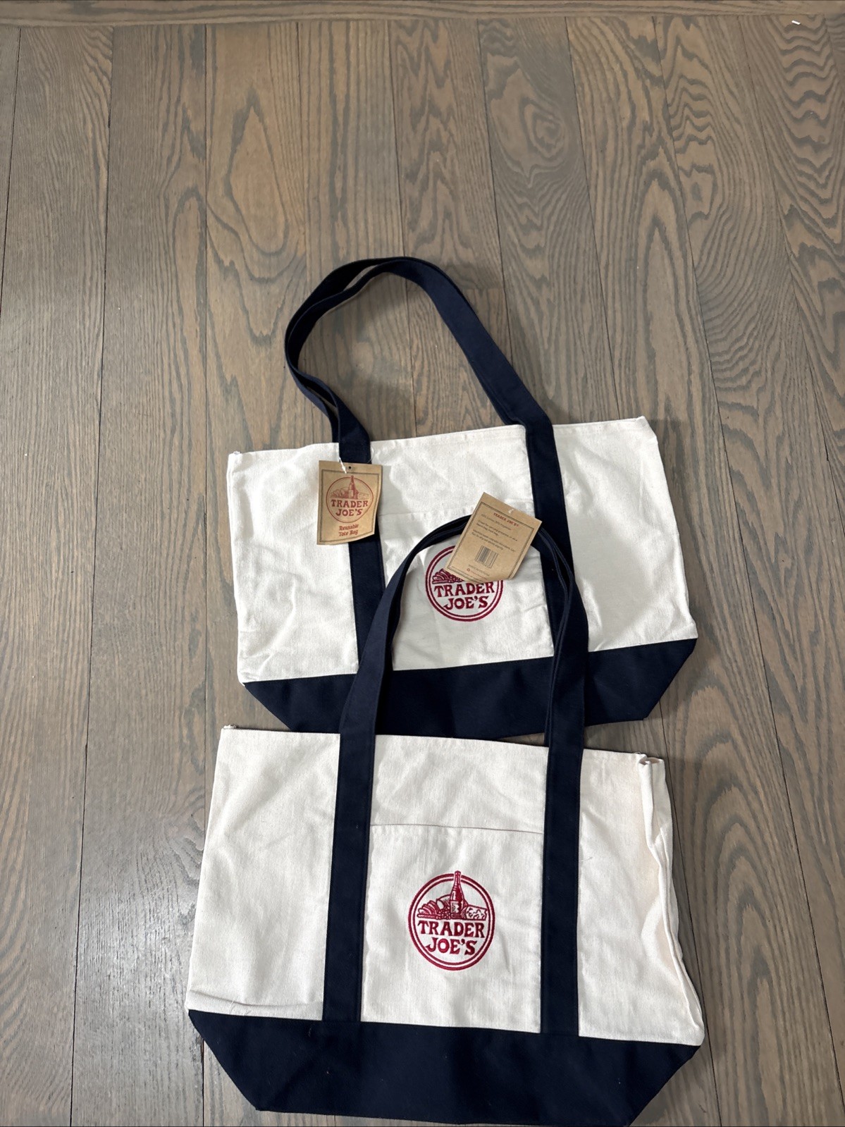 (Lot of 2) Trader Joe’s Large Canvas Tote Reusable Bag 20x14x6″ Navy Blue/White