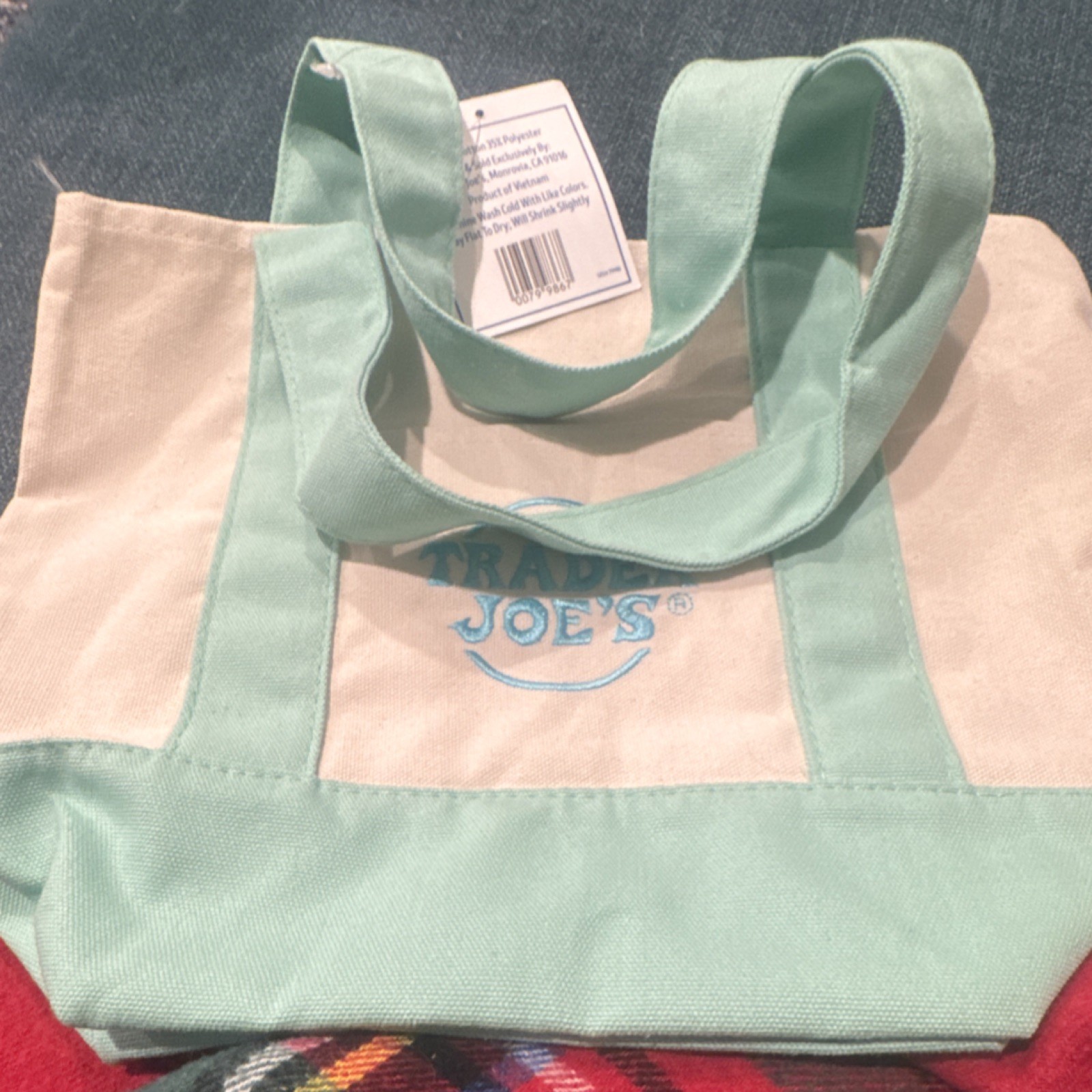 Trader Joe’s Mini Pastel Green Beige Foldable Canvas Tote Bag Cotton Polyester