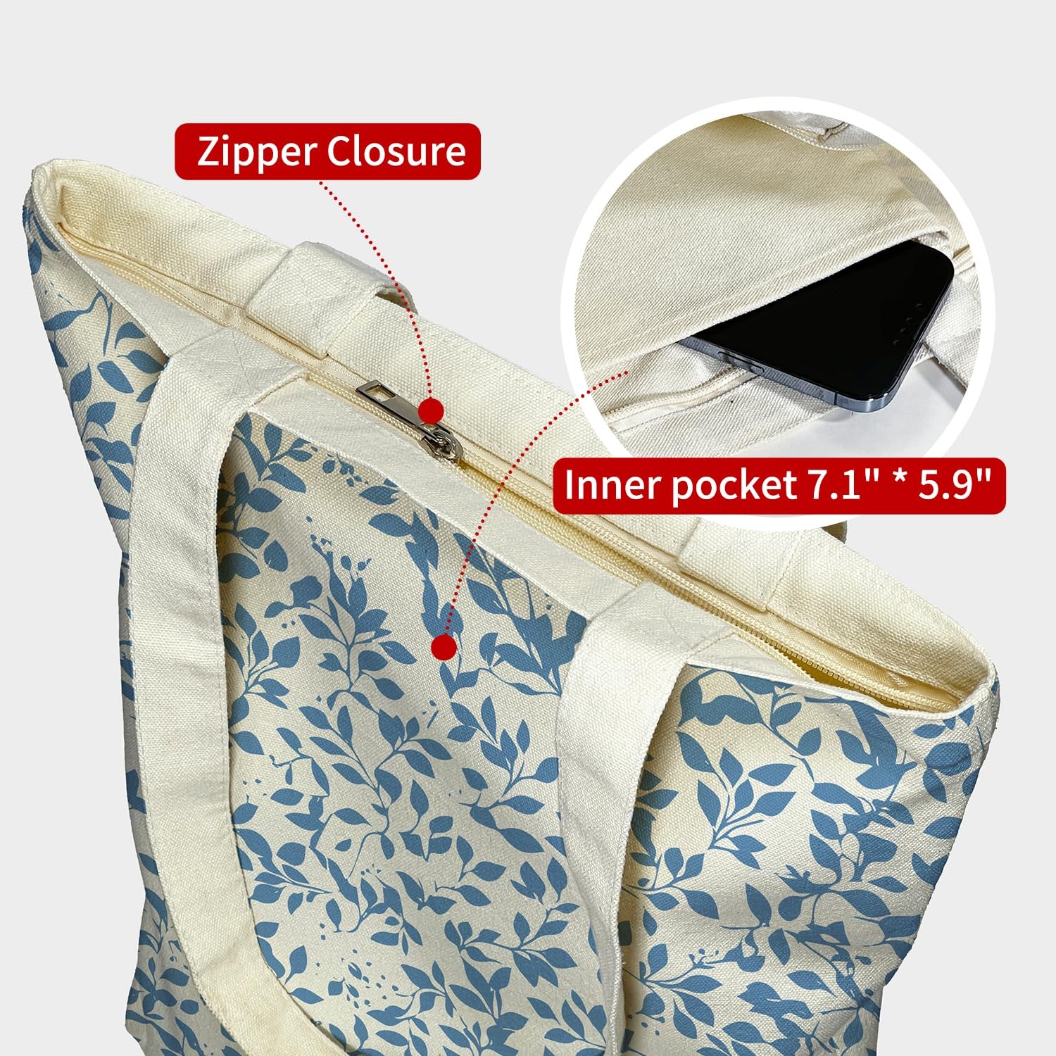Canvas Tote Bag for Men and Women, Tote Bag With Zipper Pocket Blue Leaf Thic…