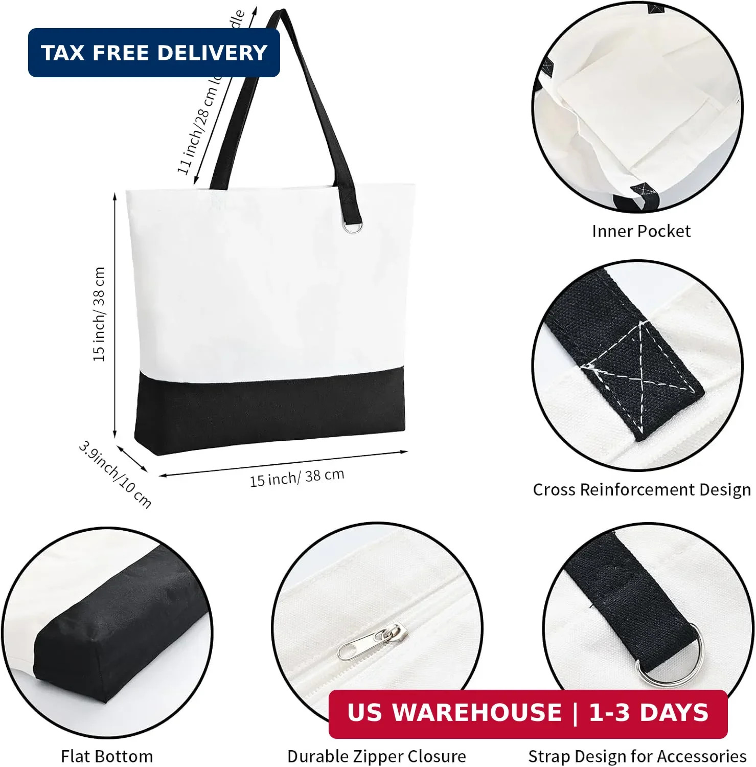 1 Pack Canvas Tote Bag with Zipper, Blank Reusable Grocery Bags, Widened Washabl