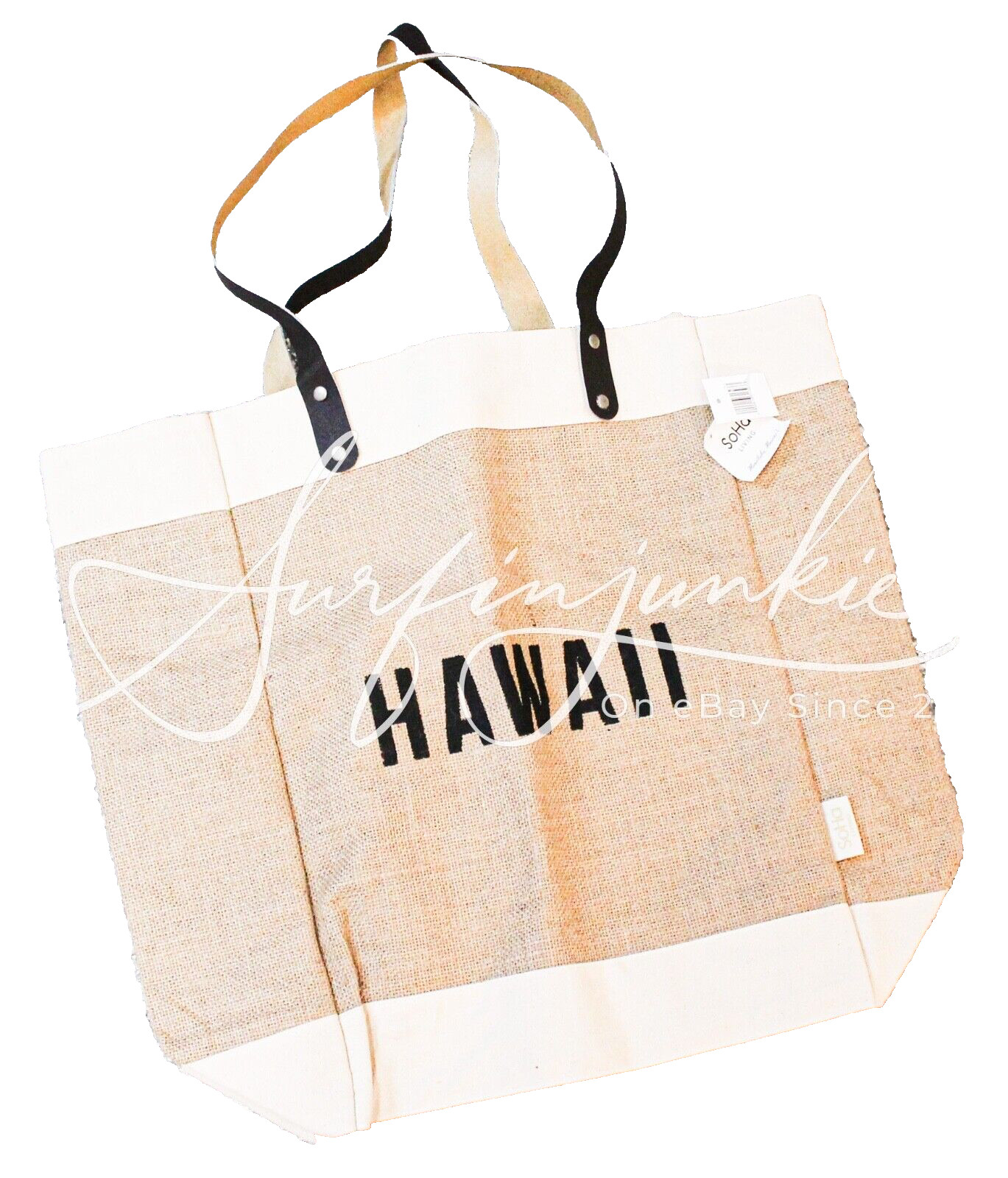 Hawaii Soha Living Burlap Canvas Shoulder Beach Bag Tote Leather Handle Large