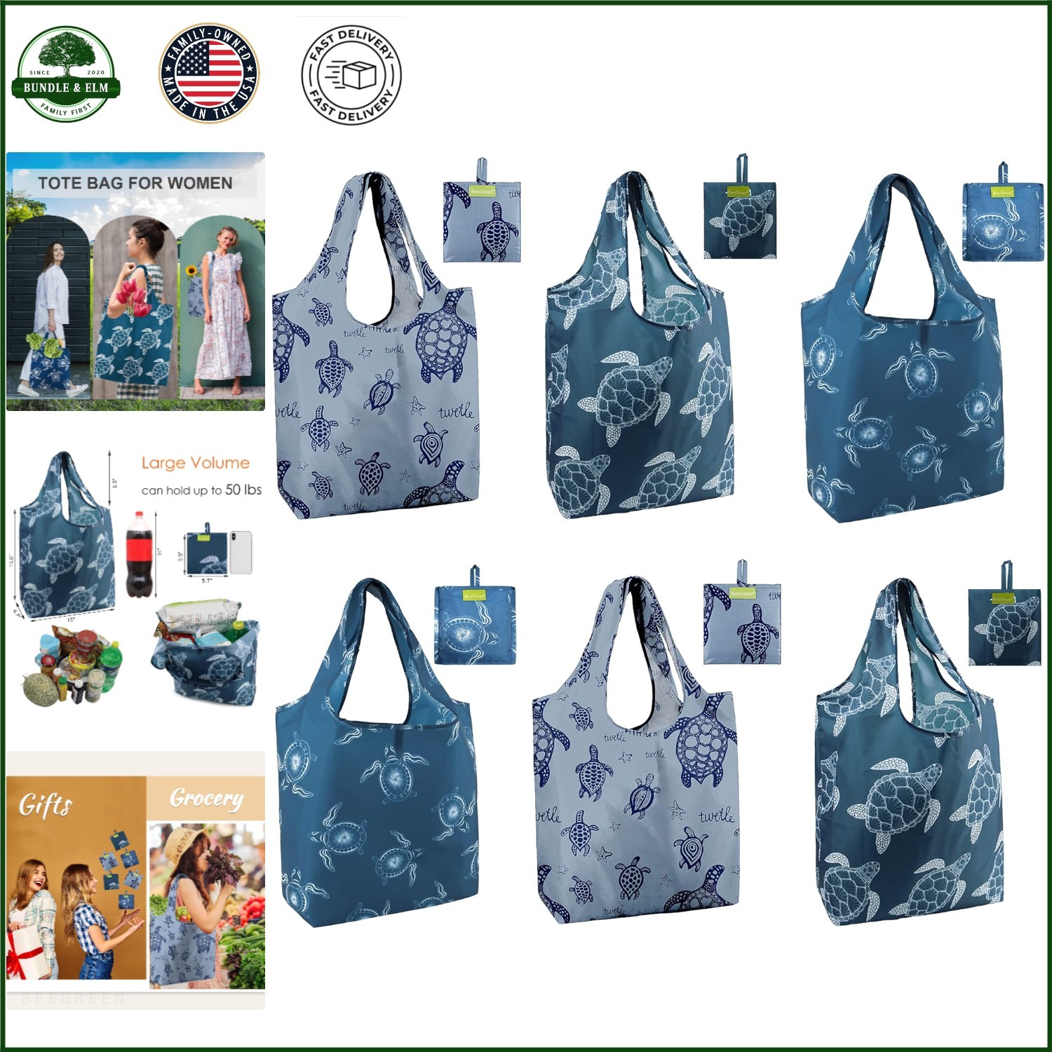 Cute Sea Turtle Tote Bags with Durable Material for Shopping & Travel – 6 Count