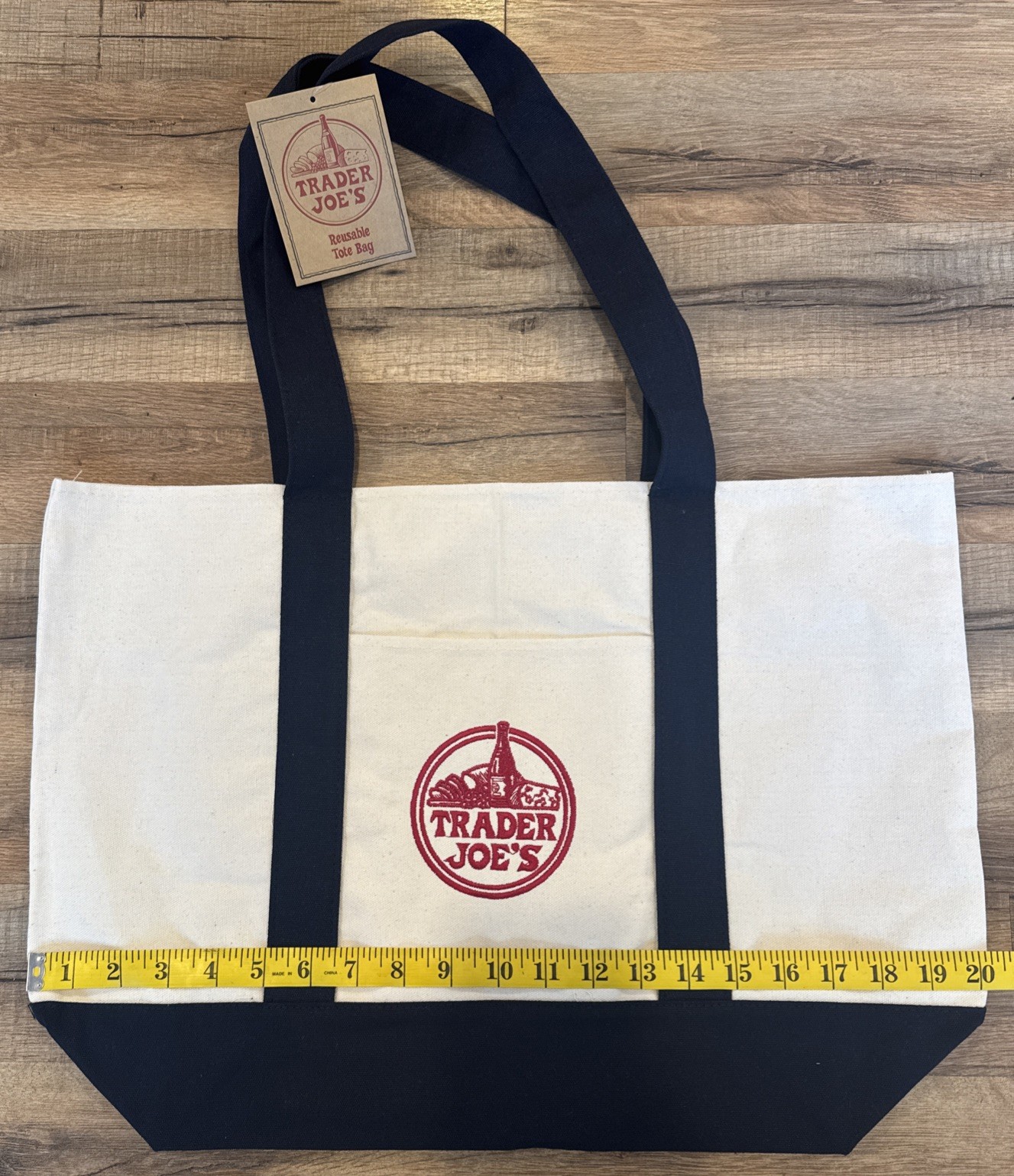 Trader Joe’s Large Canvas Tote Bag w/ Navy Blue Straps , 20″ x 14″