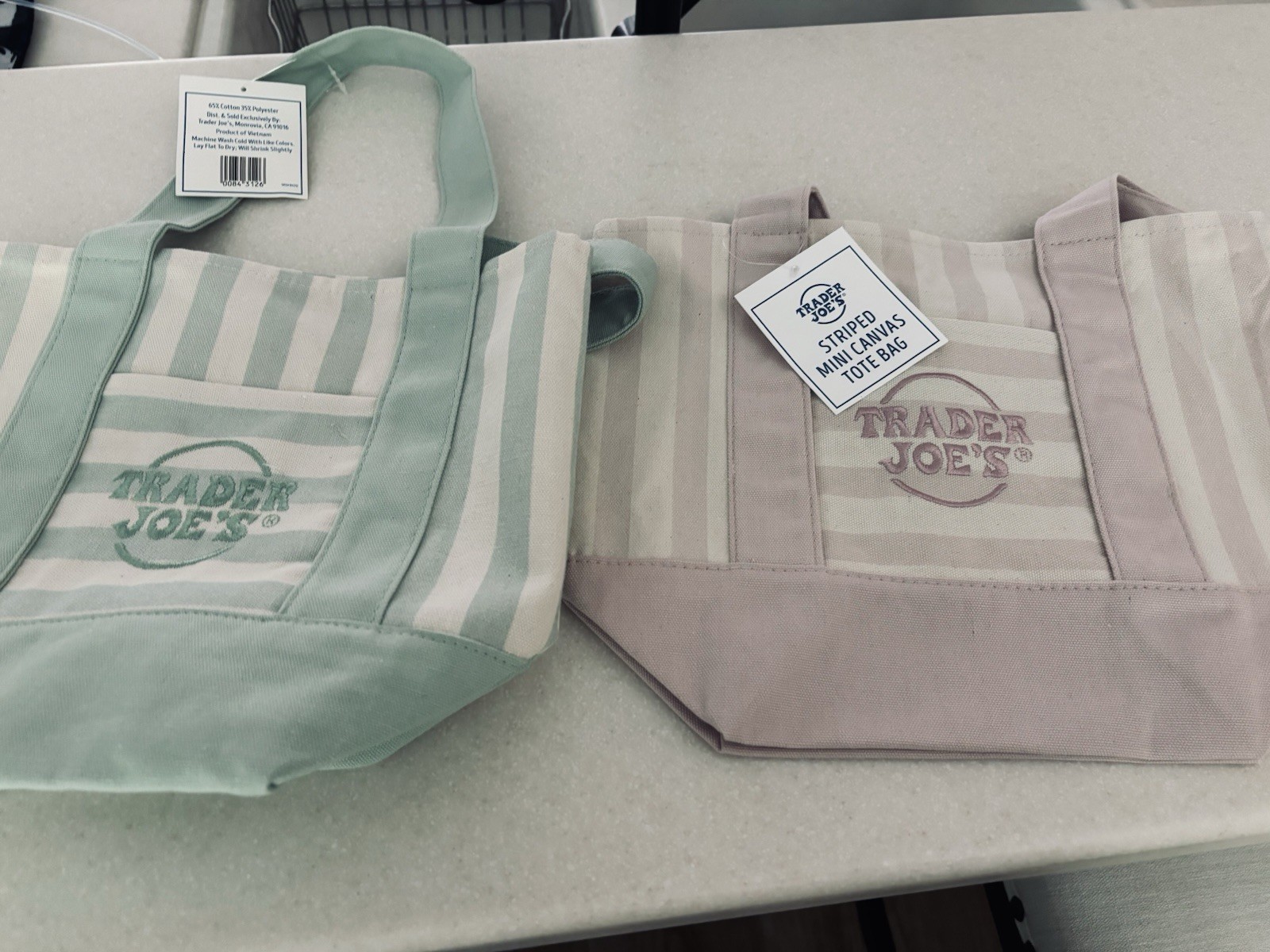 2 Trader Joes Mini Tote Bags Canvas Pastel Spring Pocket Cotton Green And Pink
