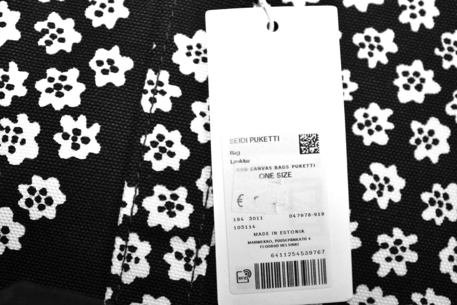 Marimekko Seidi Puketti bag, black/white 31x23x13 cm