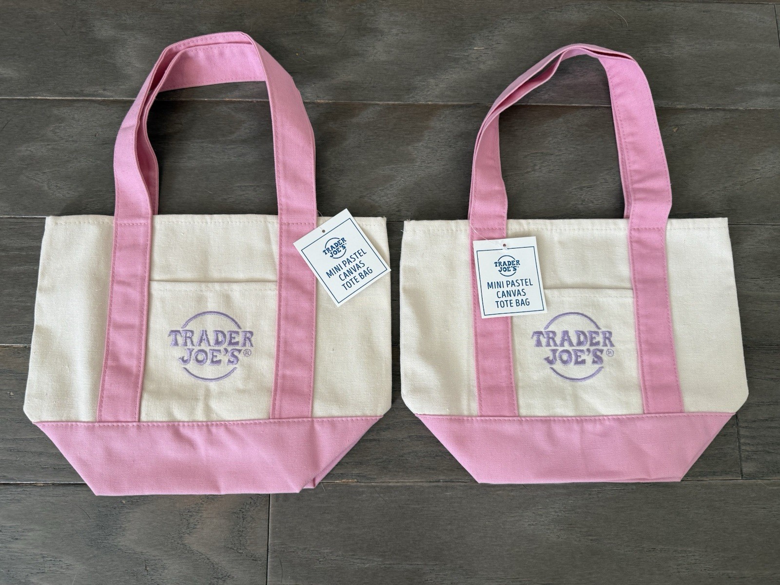 NWT Trader Joe’s Mini Canvas Tote Bags Set of 2 – Pink Beige Color Block Small