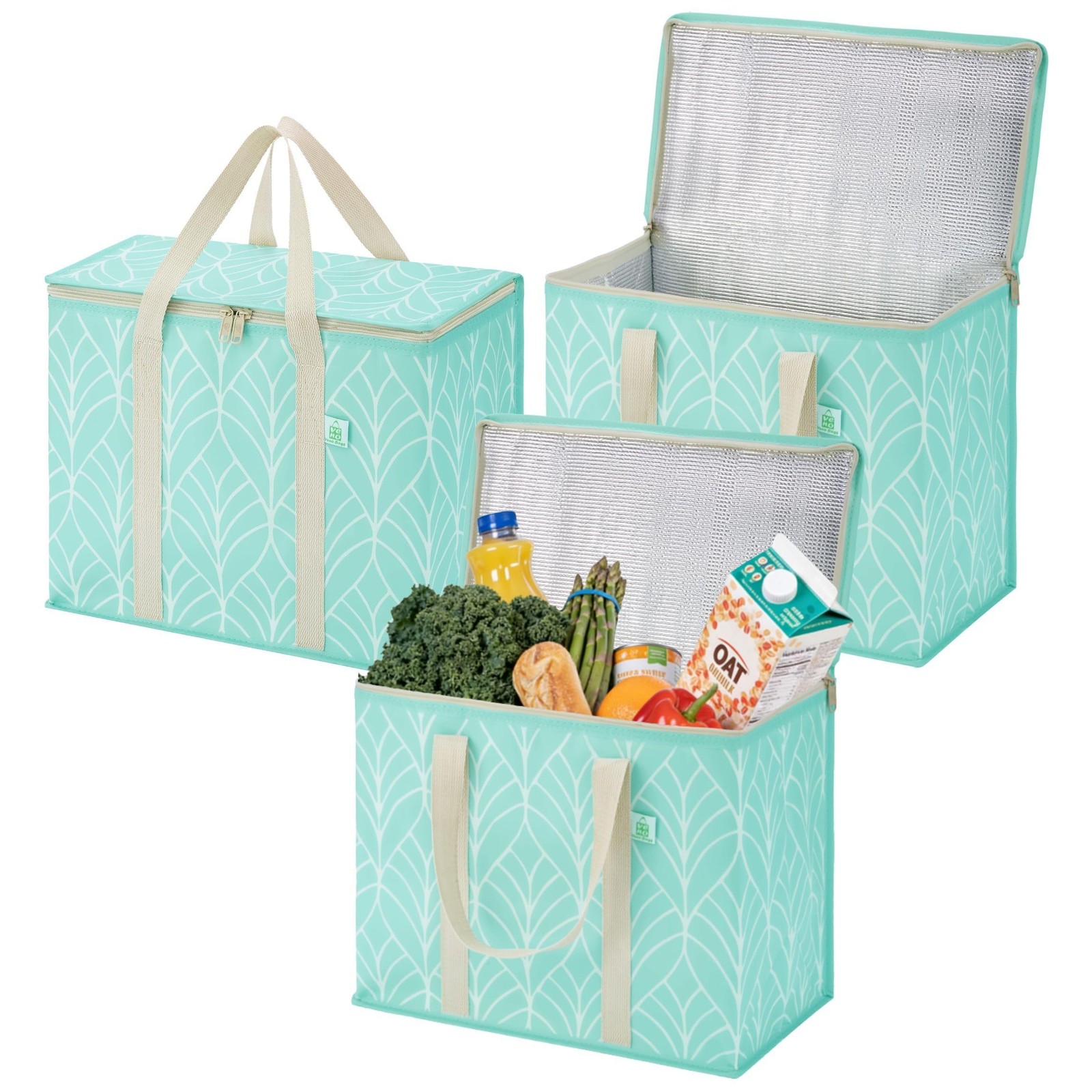 3 PCS Large Evergreen Insulated Cooler Reusable Grocery Shopping Bag Lid