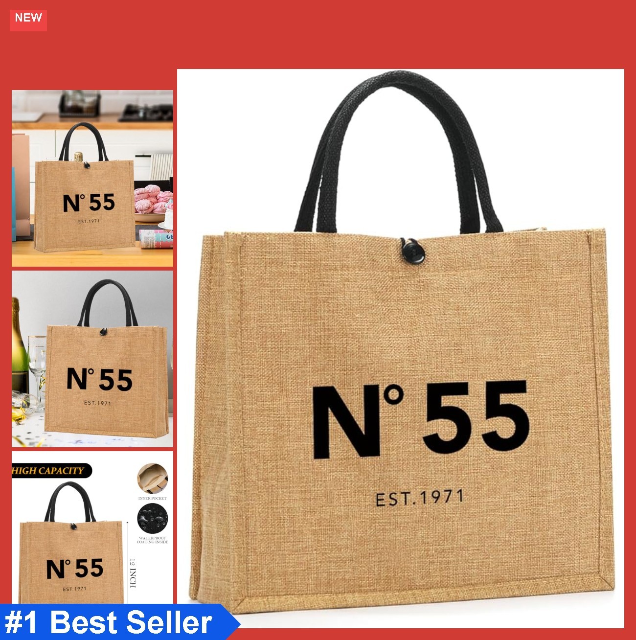 Jute Tote Bag 11.8×7.5×12.8 Inch Medium Reusable Shopping Gift For Women