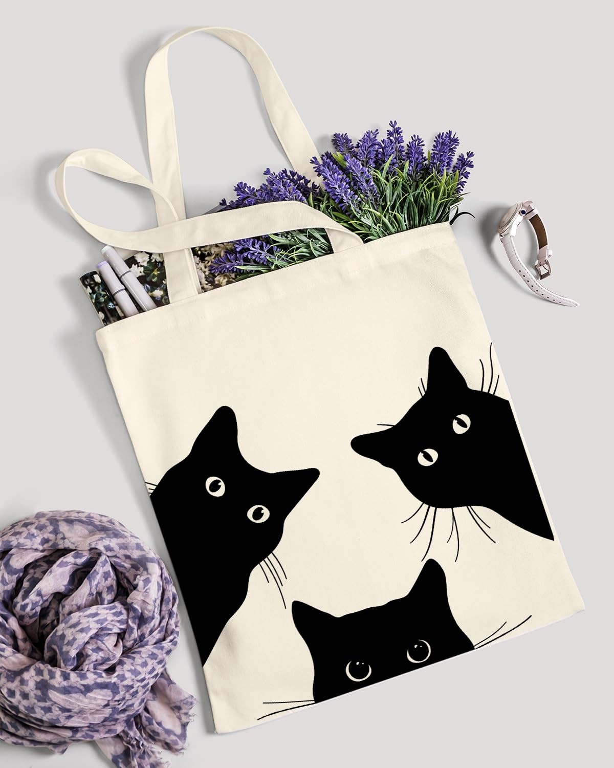 AUSVKAI Canvas Tote Bag Aesthetic for Women, Cute Cat Reusable Cotton Cloth C…
