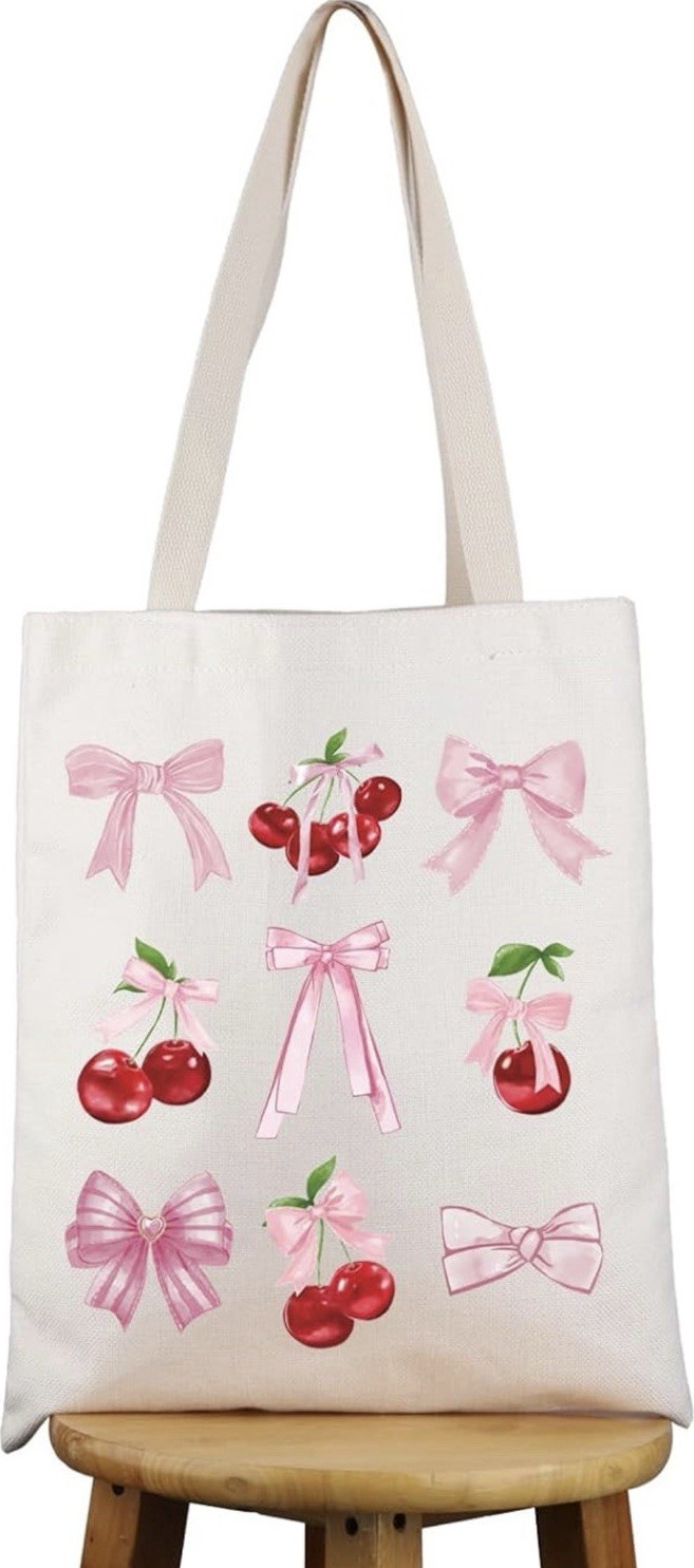 Canvas Foldable Tote Bag with Bow & Cherry Pattern, Medium, White Pink Red Green