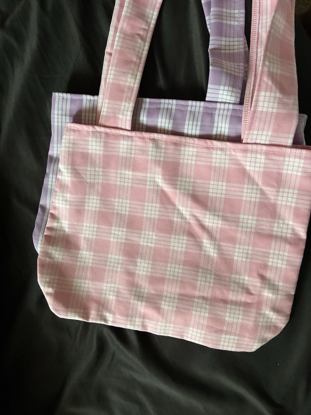 2-Pack Pink & Purple Palaka Cotton Reusable Tote Bags w/ Handles Small 13x6x12
