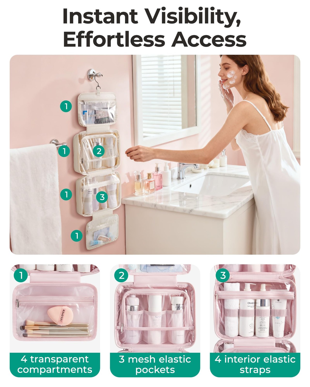 BAGSMART Travel Toiletry Bag for women, Portable Hanging Large, Dusty Rose