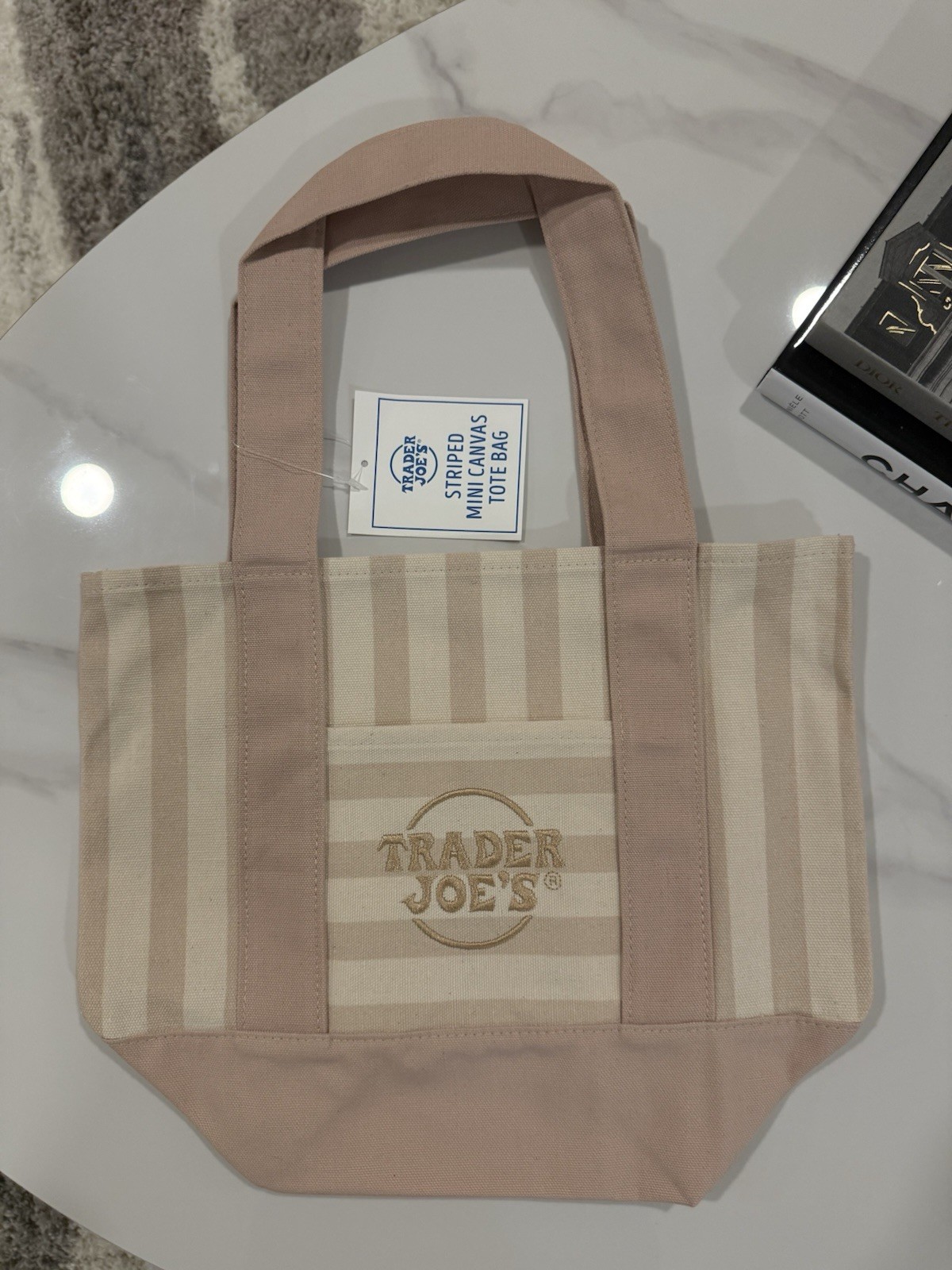 Trader Joe’s Striped Mini Canvas Tote Bag Reusable Beige/White/Tan/Brown NEW