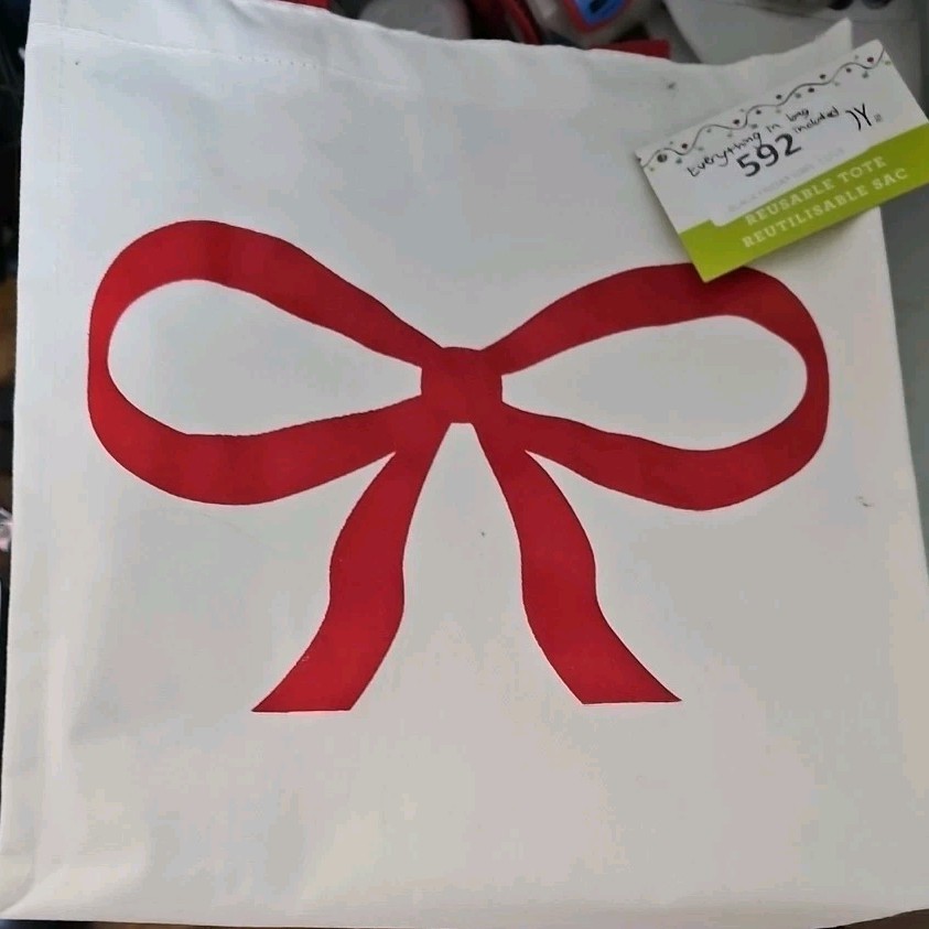 Reusable Canvas Tote White W/ Red Bow Red Handles Jingles And Joy 100% Cotton