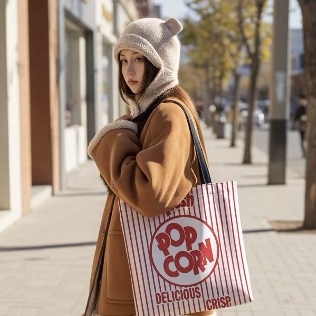 1pc Double-Sided 2D Flat Printing Shopping Tote Bag, Red Stripe & Geometric