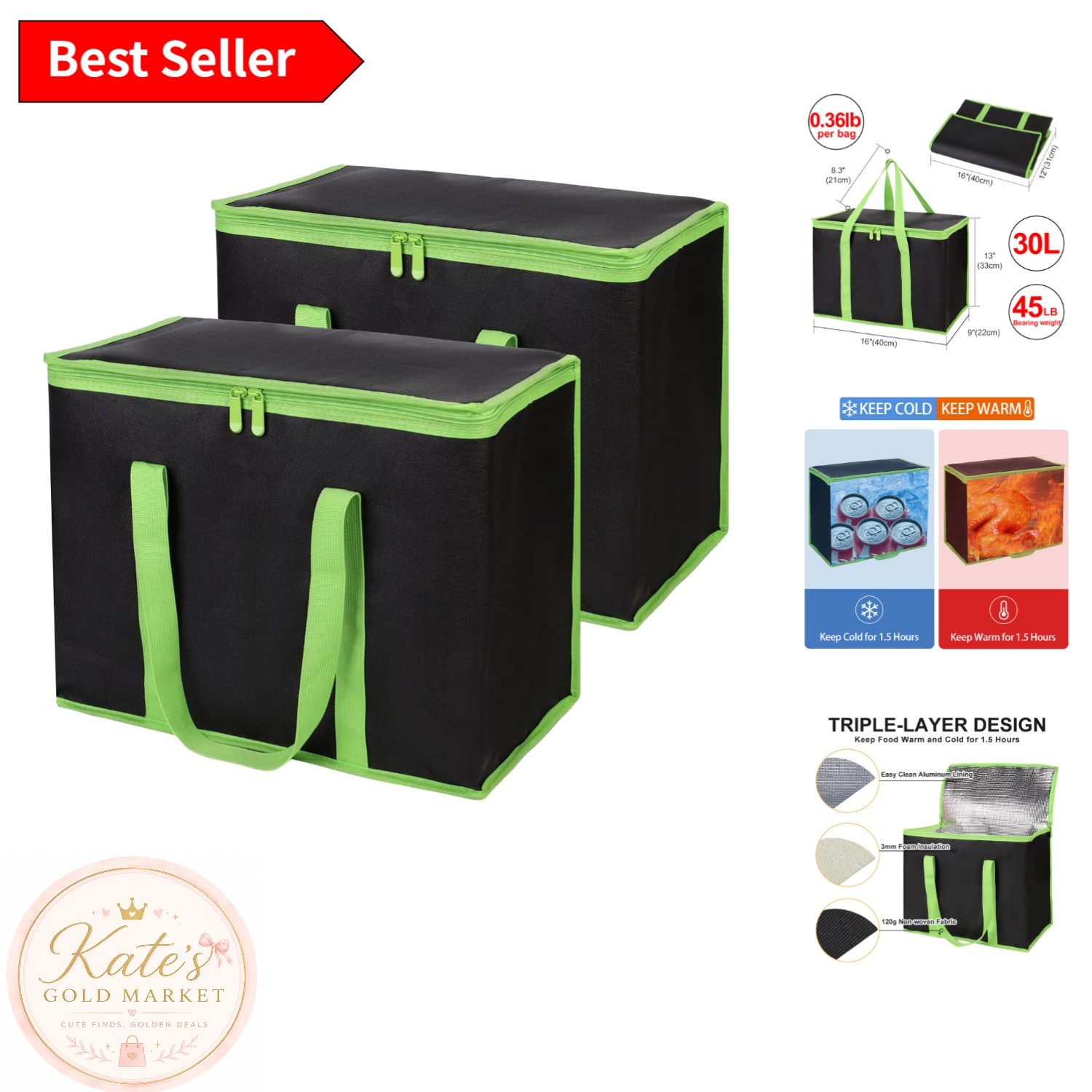 X-Large Insulated Grocery Bag – 30L Tote Cooler for Food Delivery & Travel