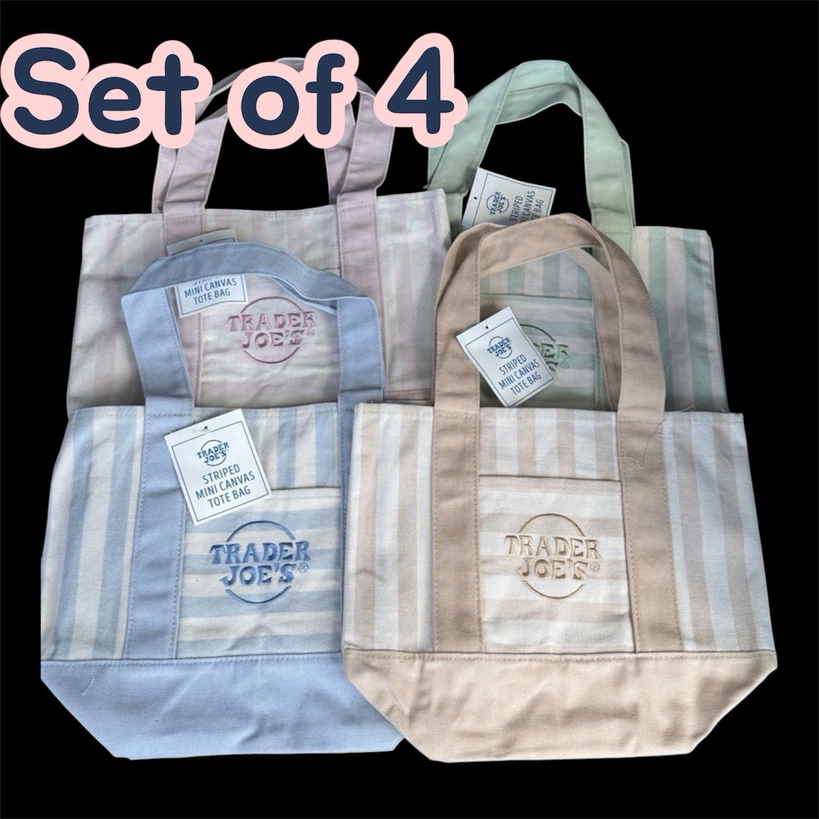 Trader Joe’s Striped Mini Canvas Reusable Tote Bags 4-Pack 13x11x6