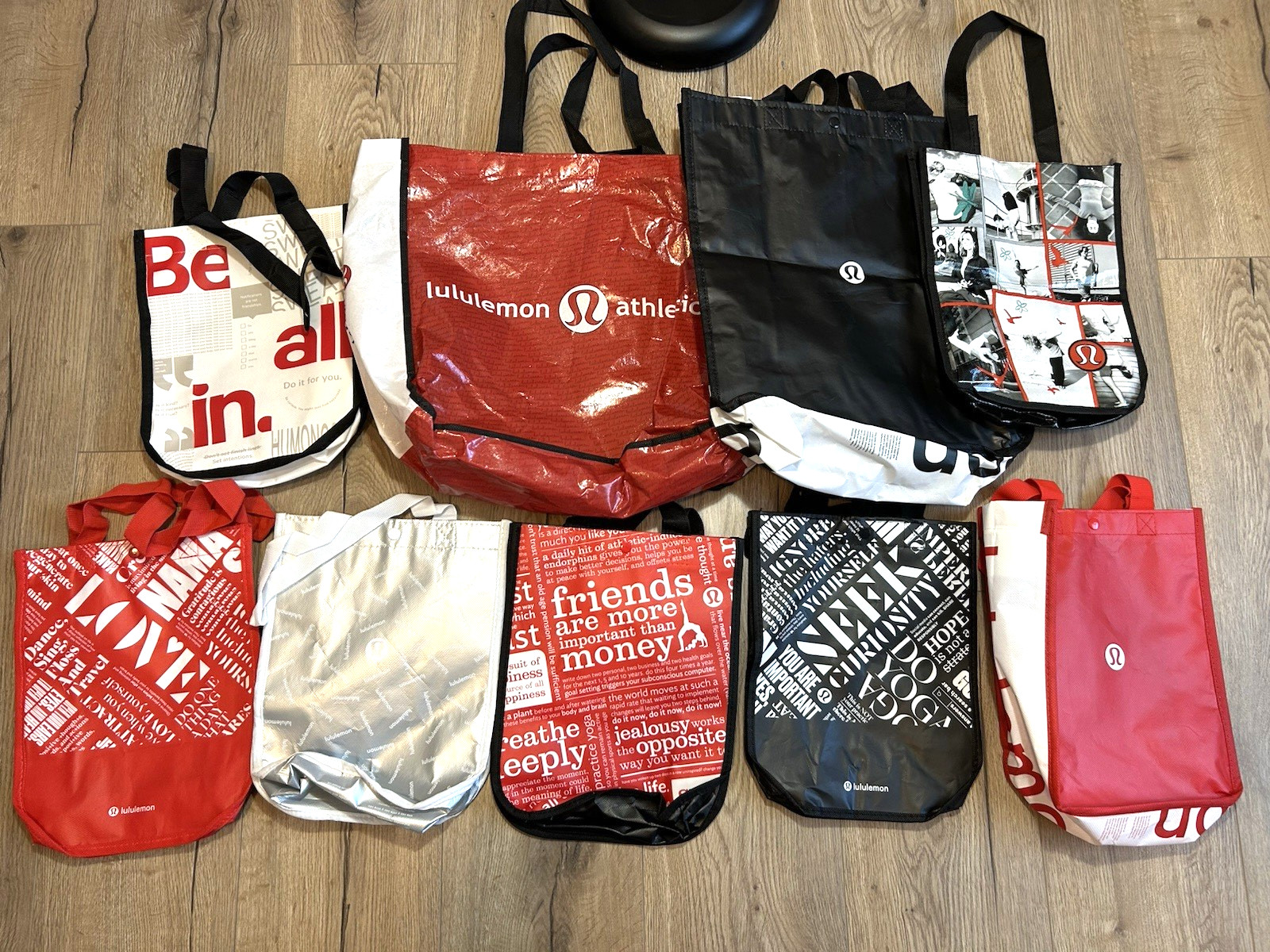 Lululemon Reusable Tote Lunch Shopping Bags Lot of 9 Multi Size Black Red Silver