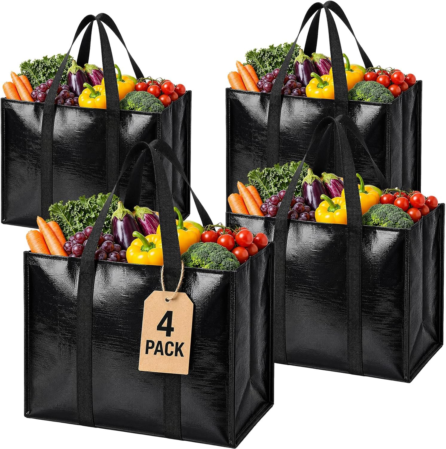 Heavy Duty Reusable Grocery Bags – 4 Pack, Waterproof, Large Capacity 33L