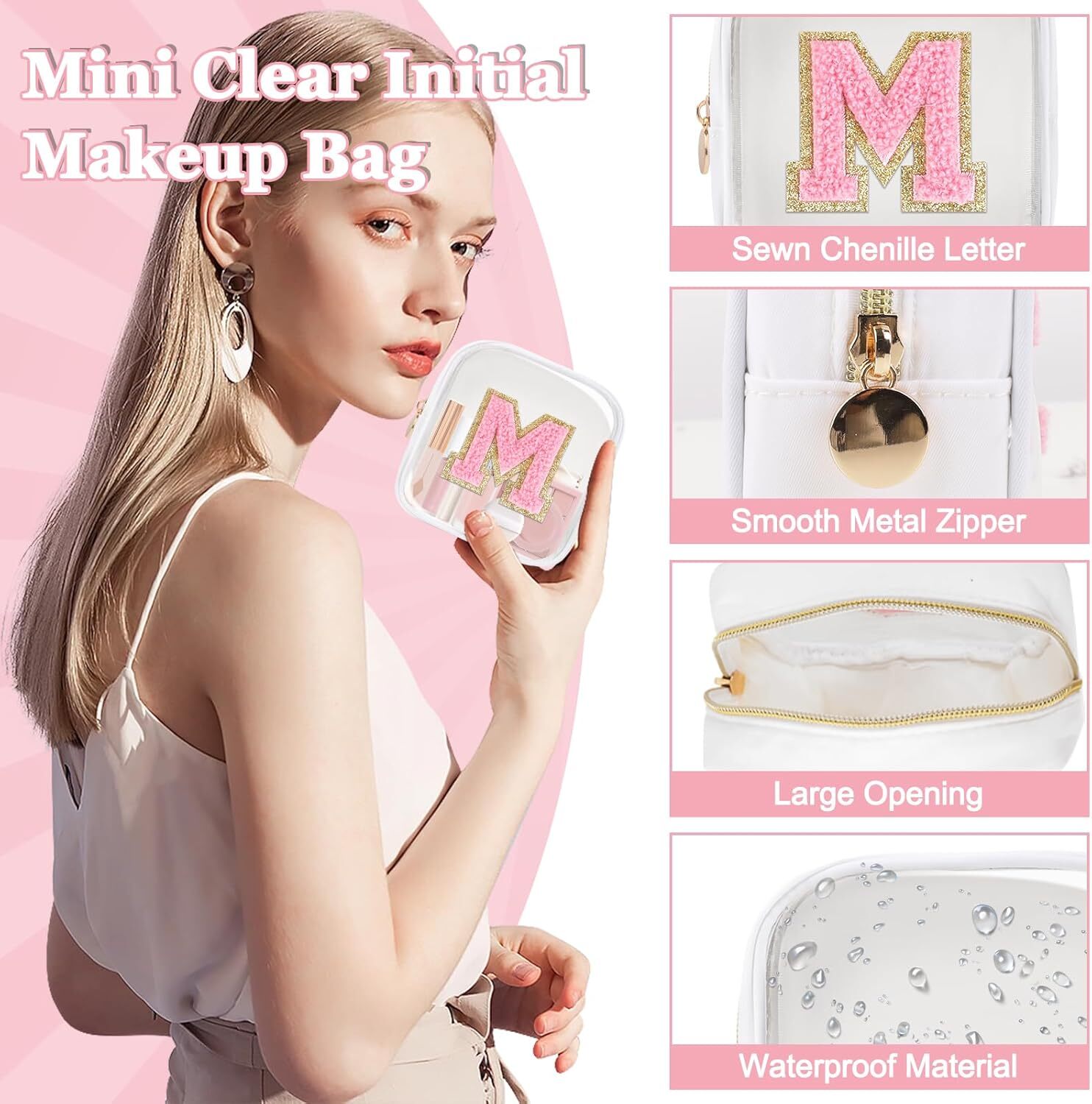 Mini Clear Personalized Initial Makeup Bag,Nylon Preppy A-Z M, Mini-White