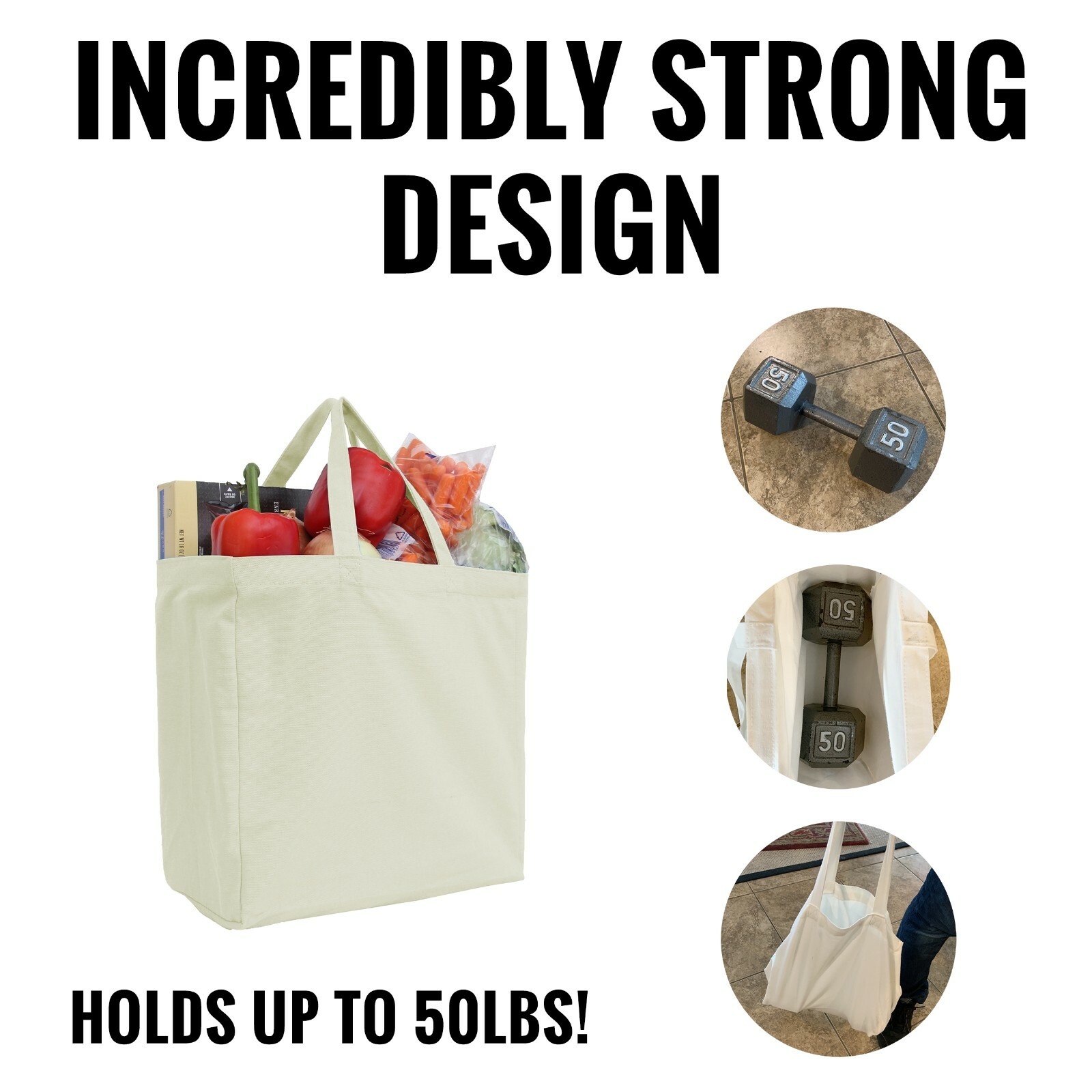 Large Cotton Canvas Shopping Grocery Tote Bags – Reusable-10oz Fabric 14x14x7.5″