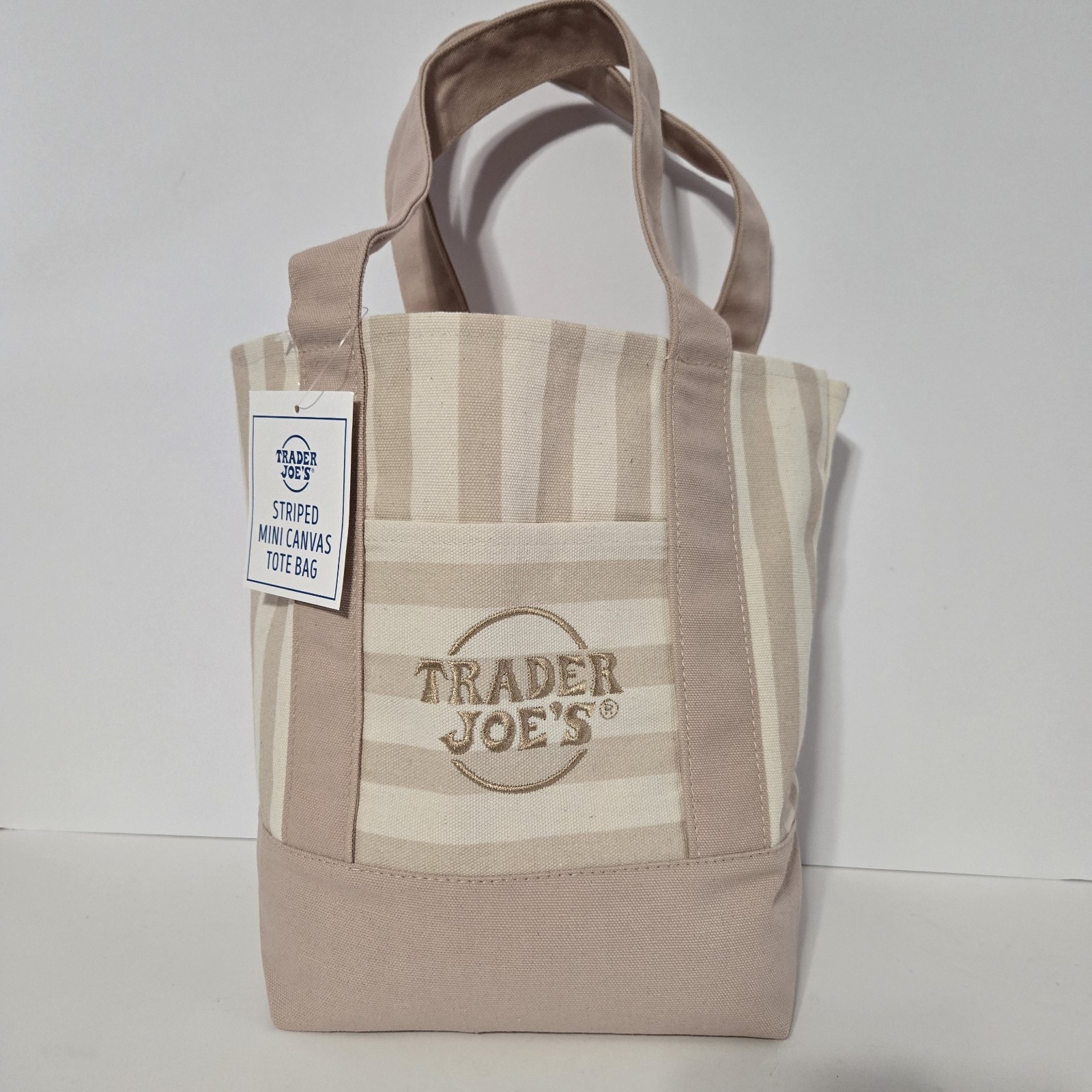 Trader Joe’s Striped Mini Canvas Tote Bag Beige and Tan New 13x8x5.5 Inches