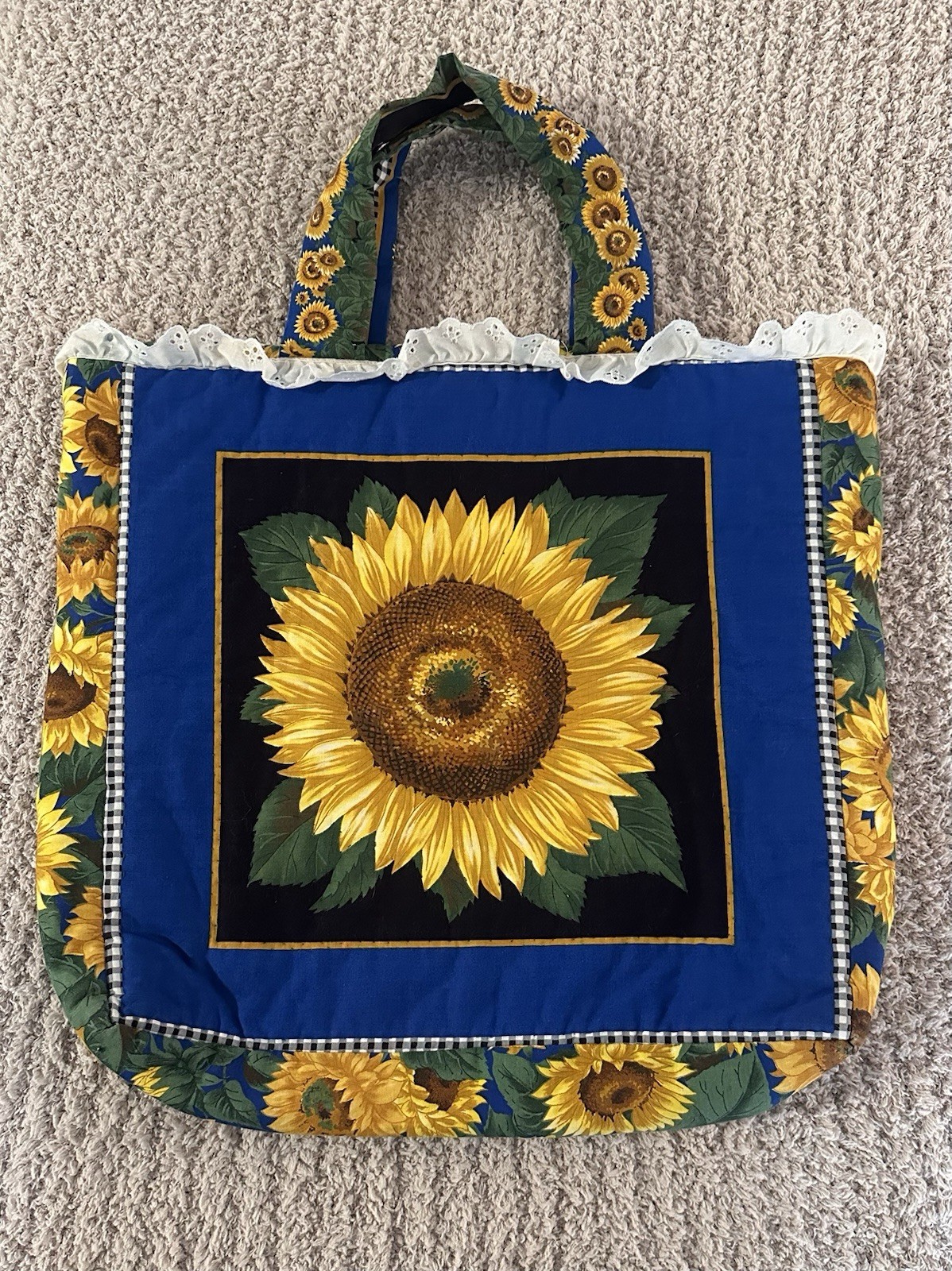 Large Sunflower Print Cotton Tote Bag Blue Yellow Green