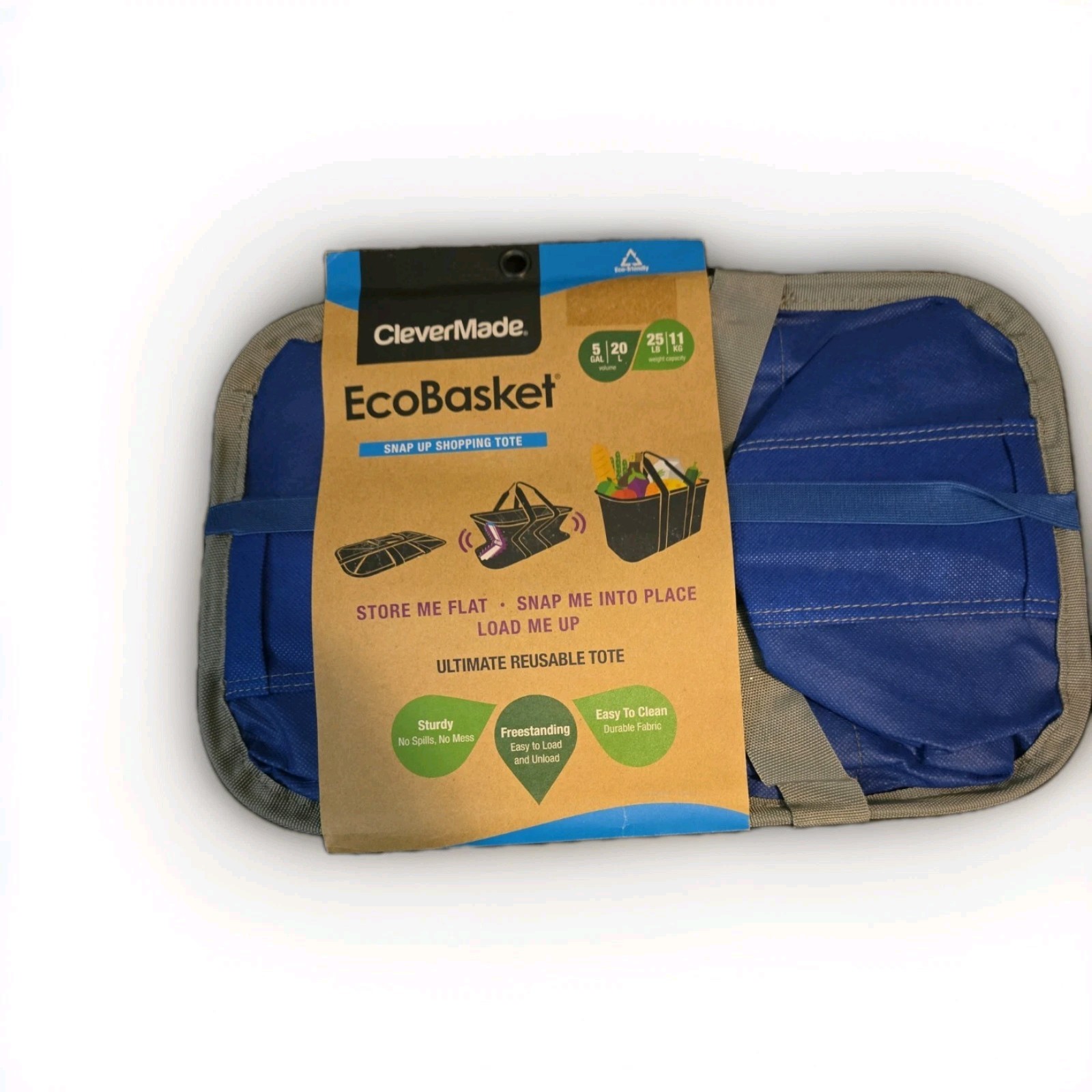 CleverMade Collapsible Tote Basket 5 Gal / 25 Lbs EcoBasket Blue & Gray 11.25” H