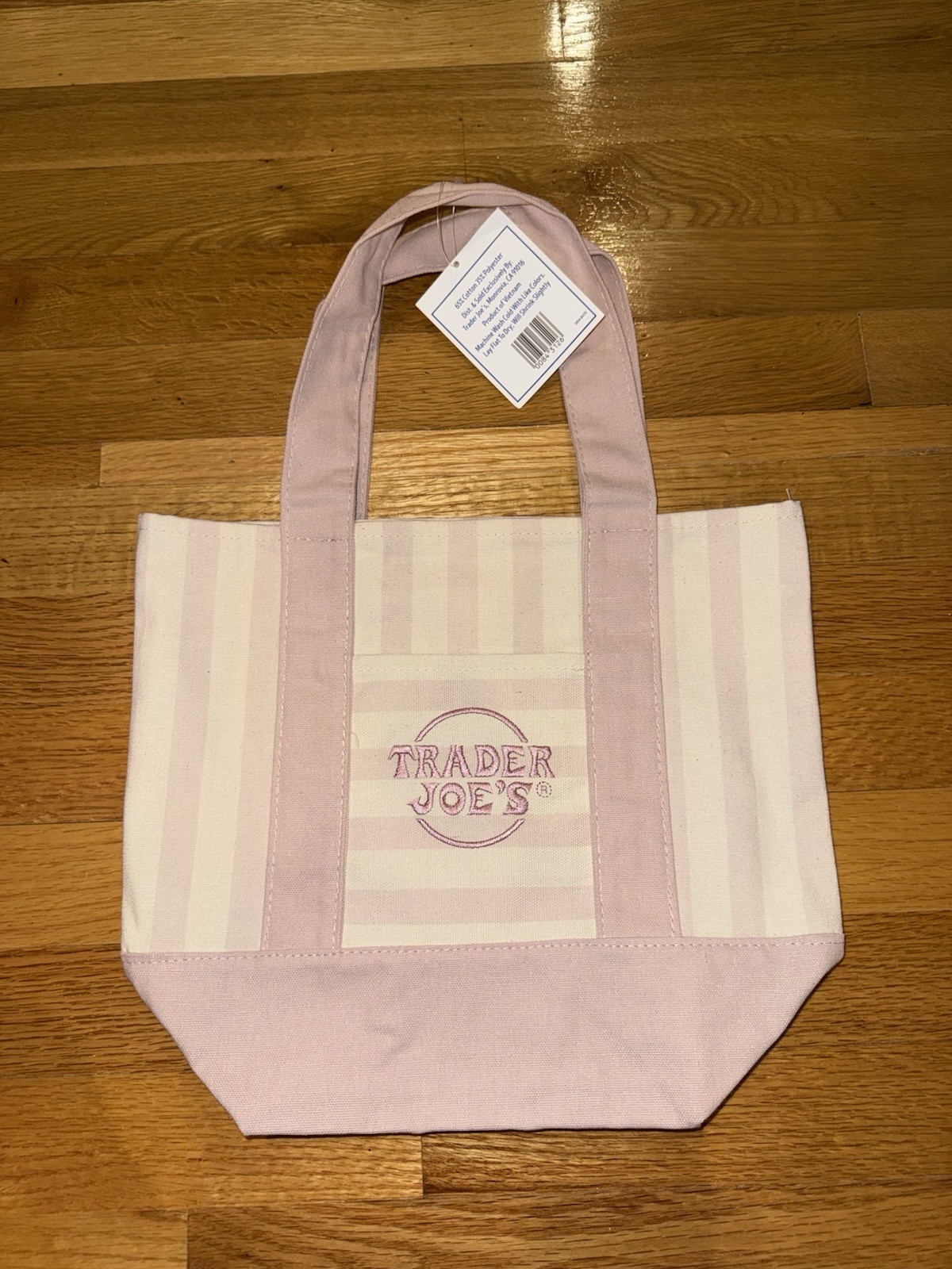 NWT Trader Joe’s Striped Mini Canvas Tote Bag Small Pink Cotton Blend 13x6x10