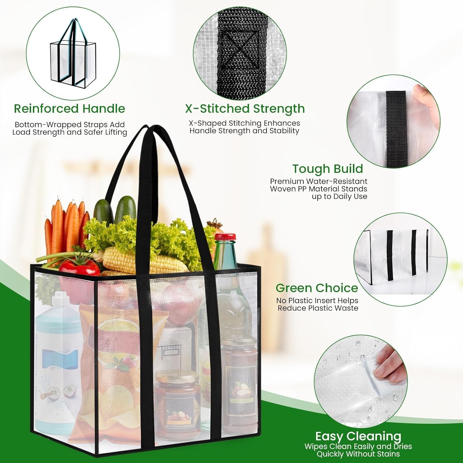 Clear Multi-Purpose 4 Pack Reusable Grocery Bags – Handles & Water-Resistant