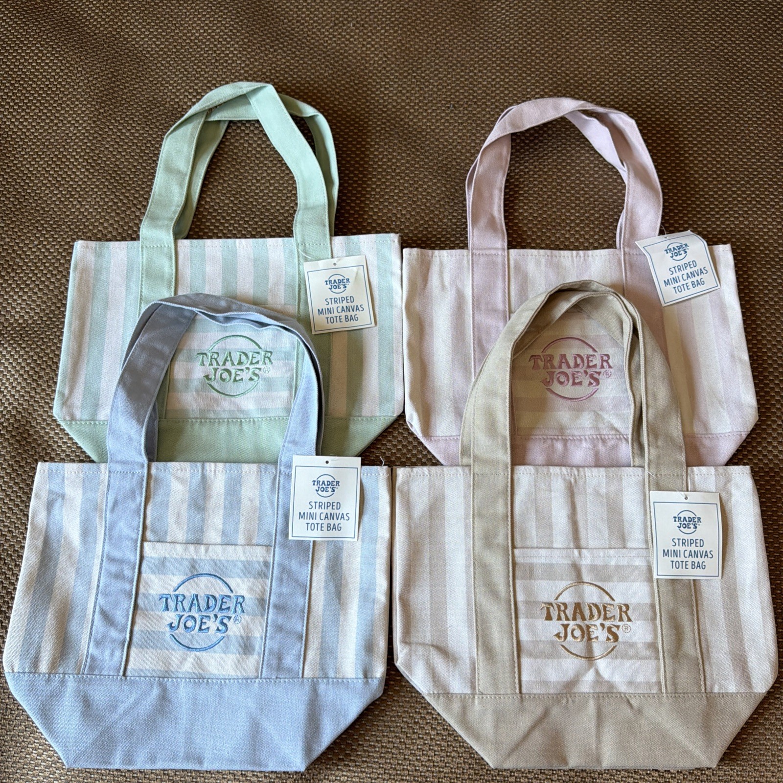 NEW TRADER JOE’S MINI PASTEL CANVAS TOTE BAGS SET OF 4 LIMITED EDITION ✅✨