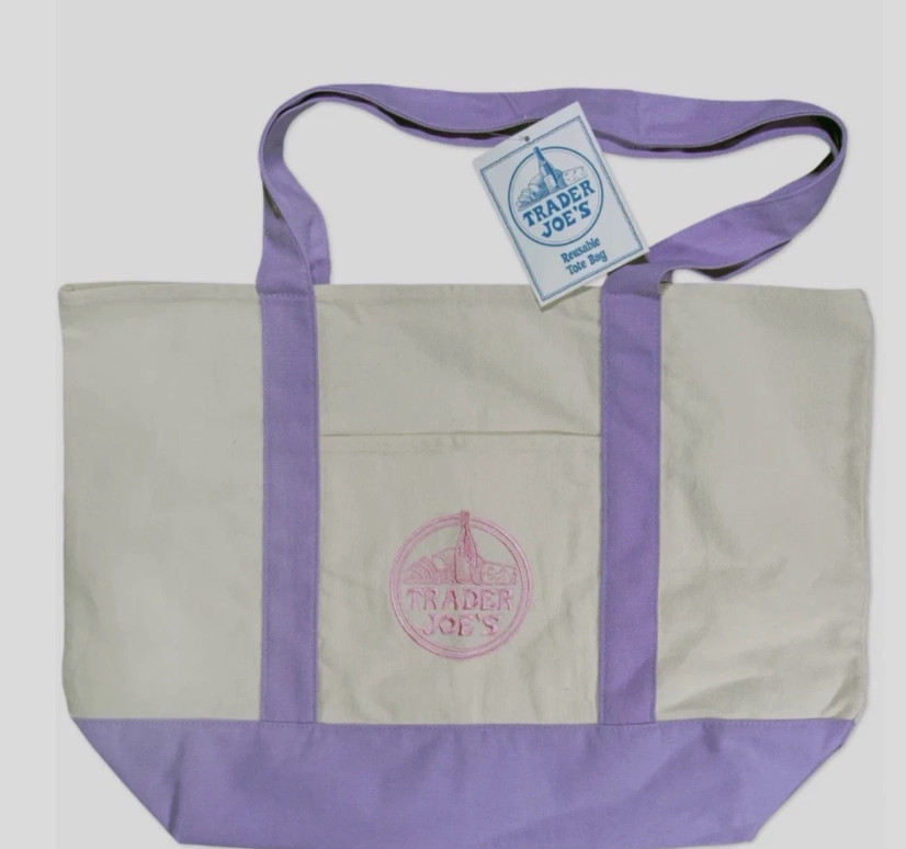 NWT TRADER JOE’S LARGE PASTEL LAVENDER PINK LOGO CANVAS TOTE BAG(LOC-S)