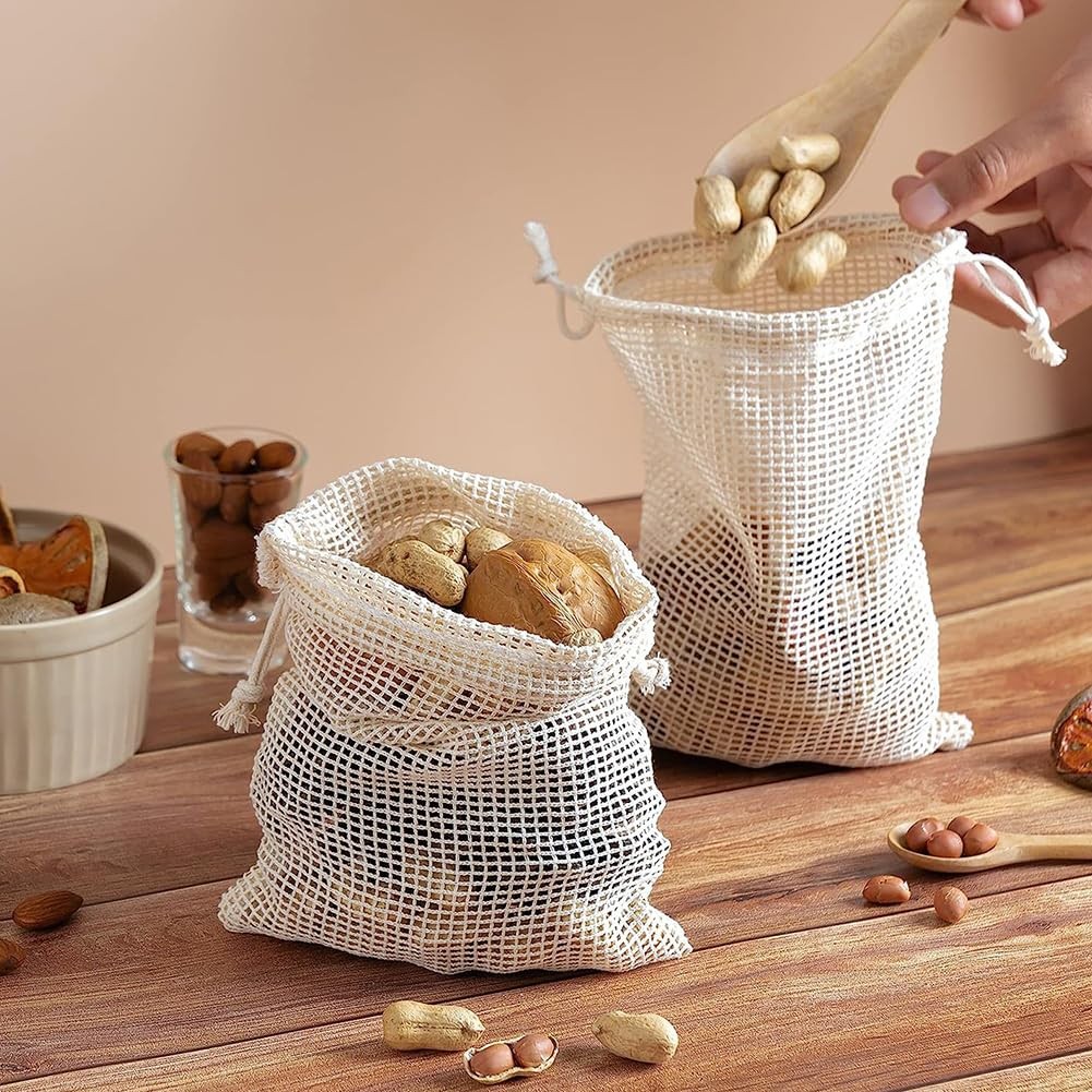 6 Pcs Cotton Mesh Drawstring Bags Small Reusable Produce Bags See Through Gro…