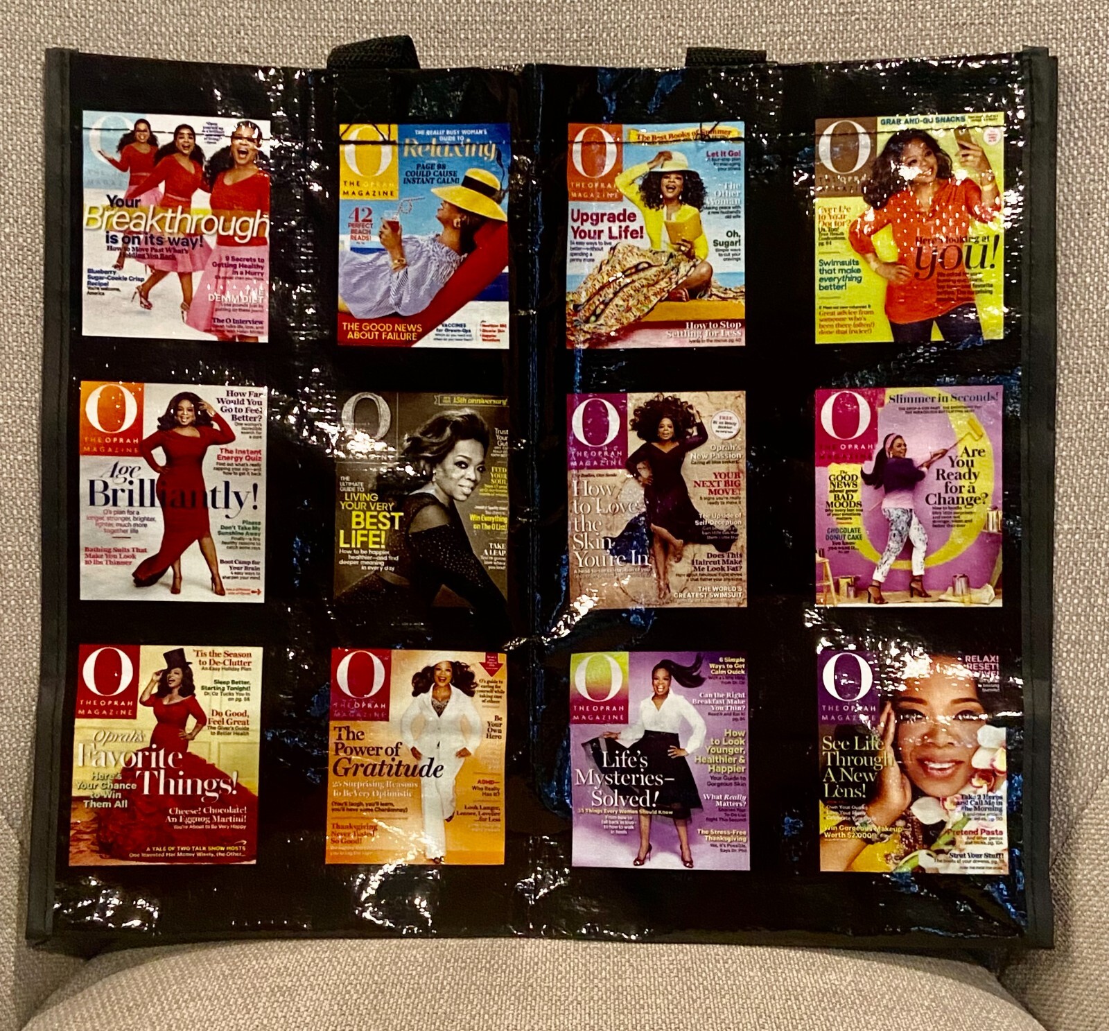 Oprah Magazine Covers Reusable Shopping Tote Bag 15.5” x 13.5” x 7.75” – EUC!