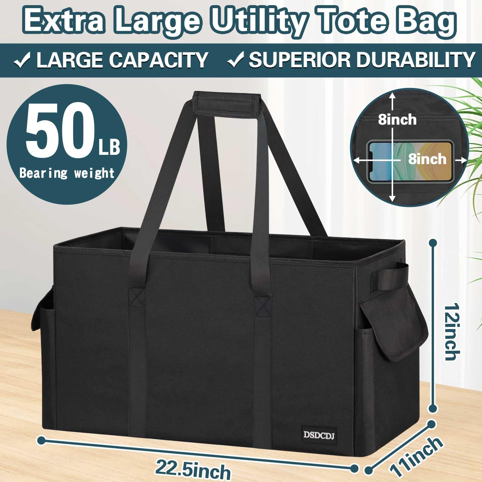 Sturdy Extra Large Utility Tote Bag with Hard Bottom & Sides, Reusable Grocer