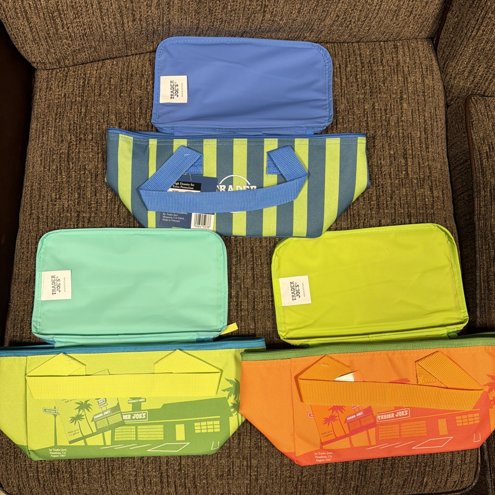 Trader Joe’s 2026 Mini Insulated Totes Summer Set of 3 BLUE STRIPE/GREEN/ORANGE