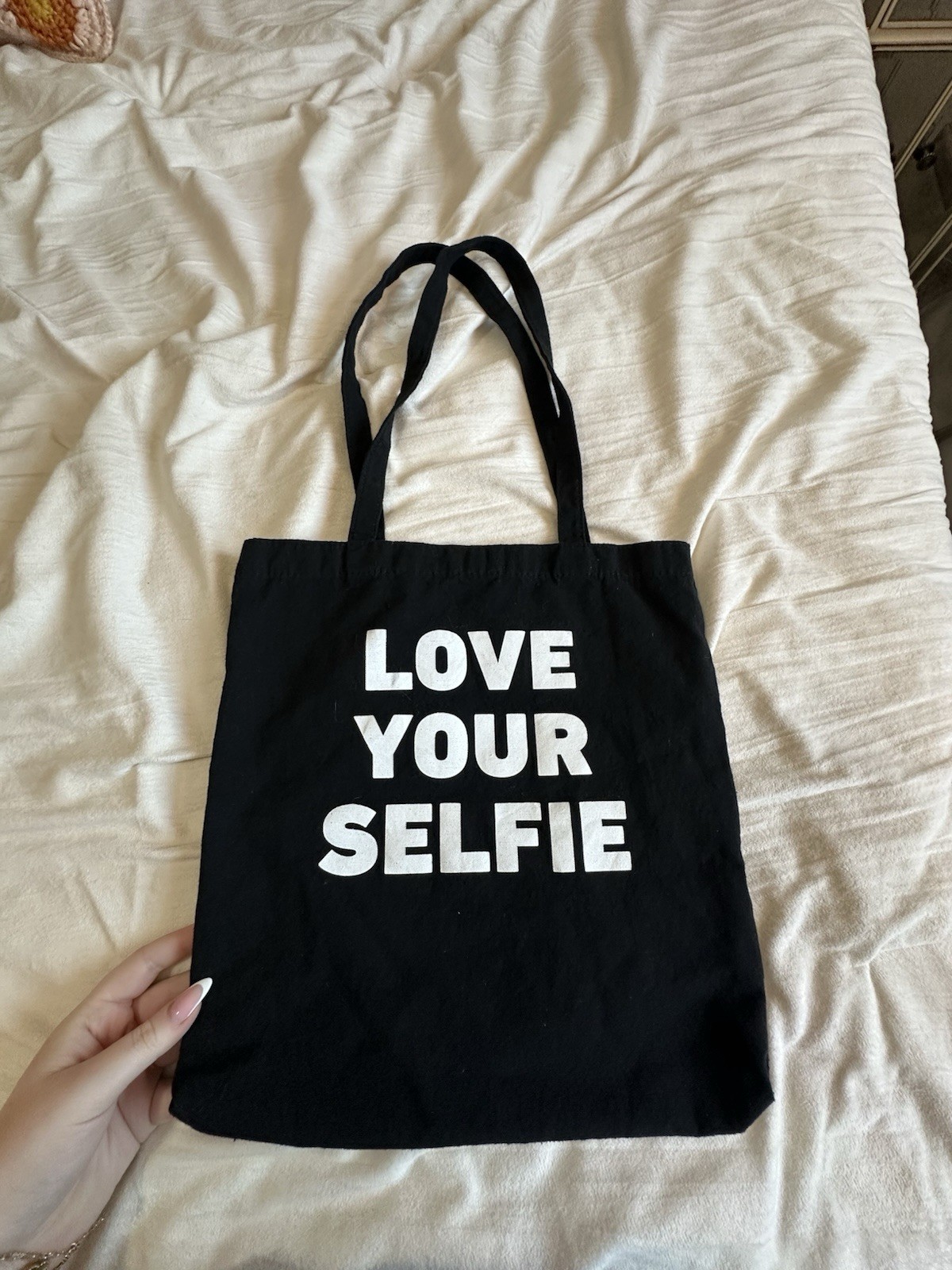 QUAY Black Canvas Reusable Tote Bag Love Your Selfie Text Pattern
