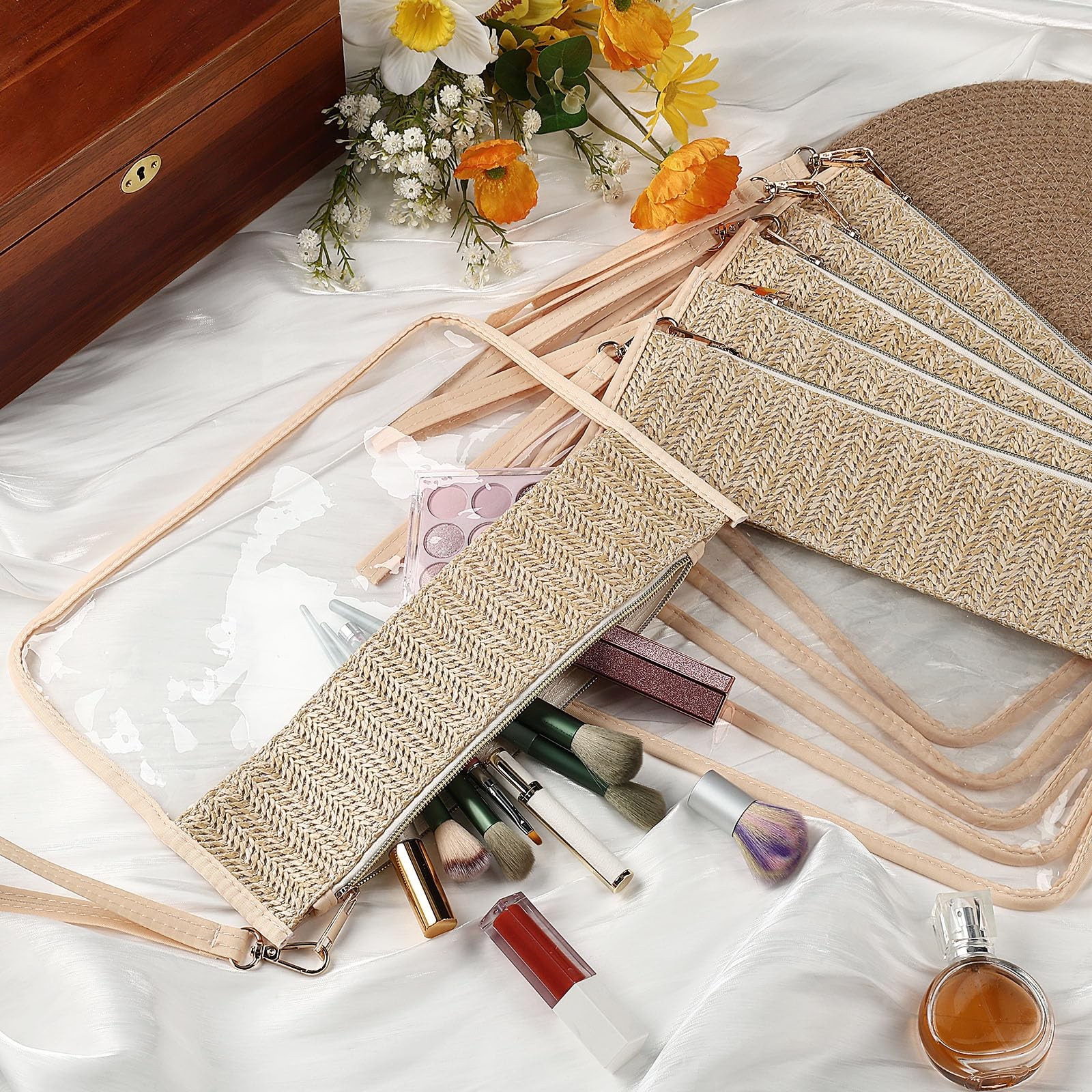 Kajaia 6 Pcs Boho Clear Cosmetic Bags about 11.8 x 9.05 inches, Beige