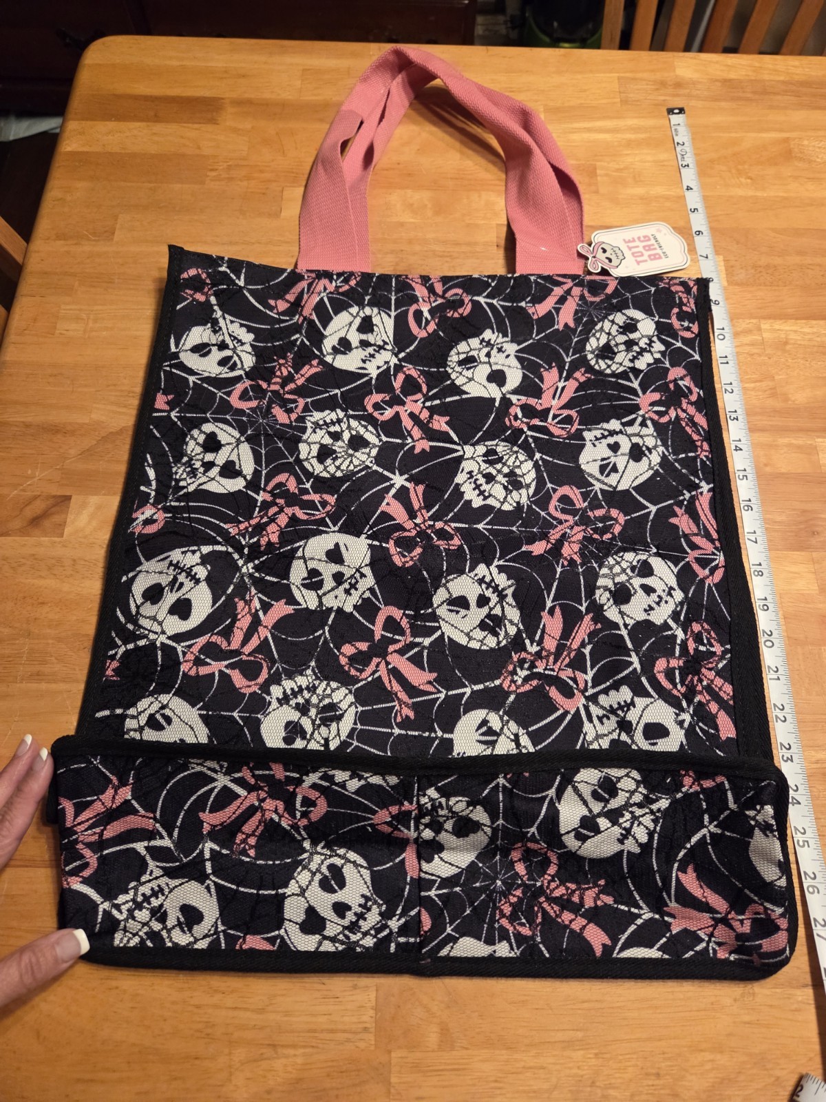 Reusable Pink & Black Skull Canvas Tote with Bow & Web 20″L x 15″W Heavy Duty