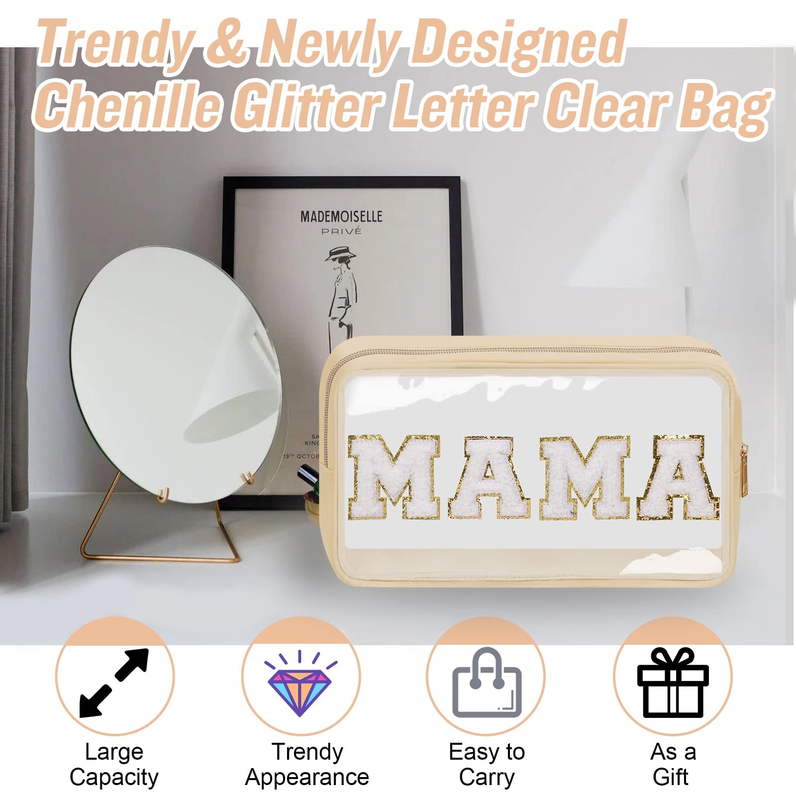 Chenille Letter Clear Makeup Bags Mama Pouch, 10.7*6.7*3.6 inches, MAMA-Beige