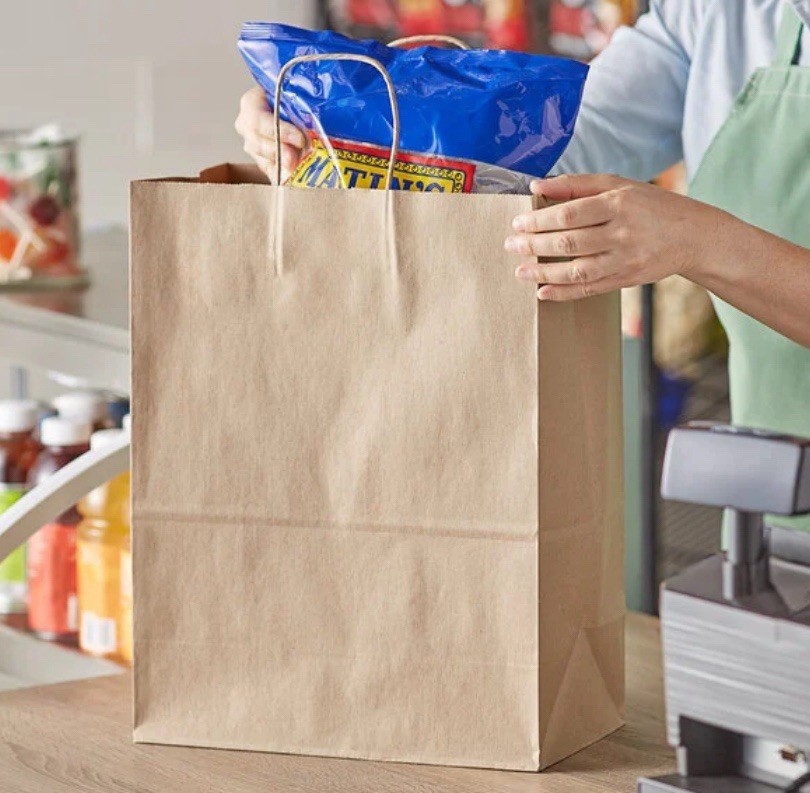 Duro Mart 13″ x 7″ x 17″ Natural Kraft Shopping Bag with Handles – 250/Bundle